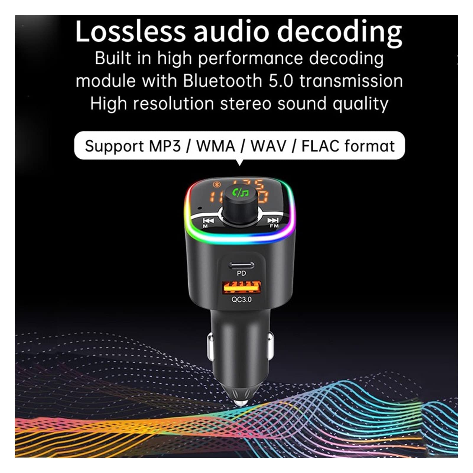 Adaptateur Audio Bluetooth FÉMININ Modulateur sans Fil émetteur MP3 Joueur BC68 Auto QC3.0 PD USB Chargeur Rapide Bluetooth Kit Mains Libres Lampe de l'atmosphère colorée
