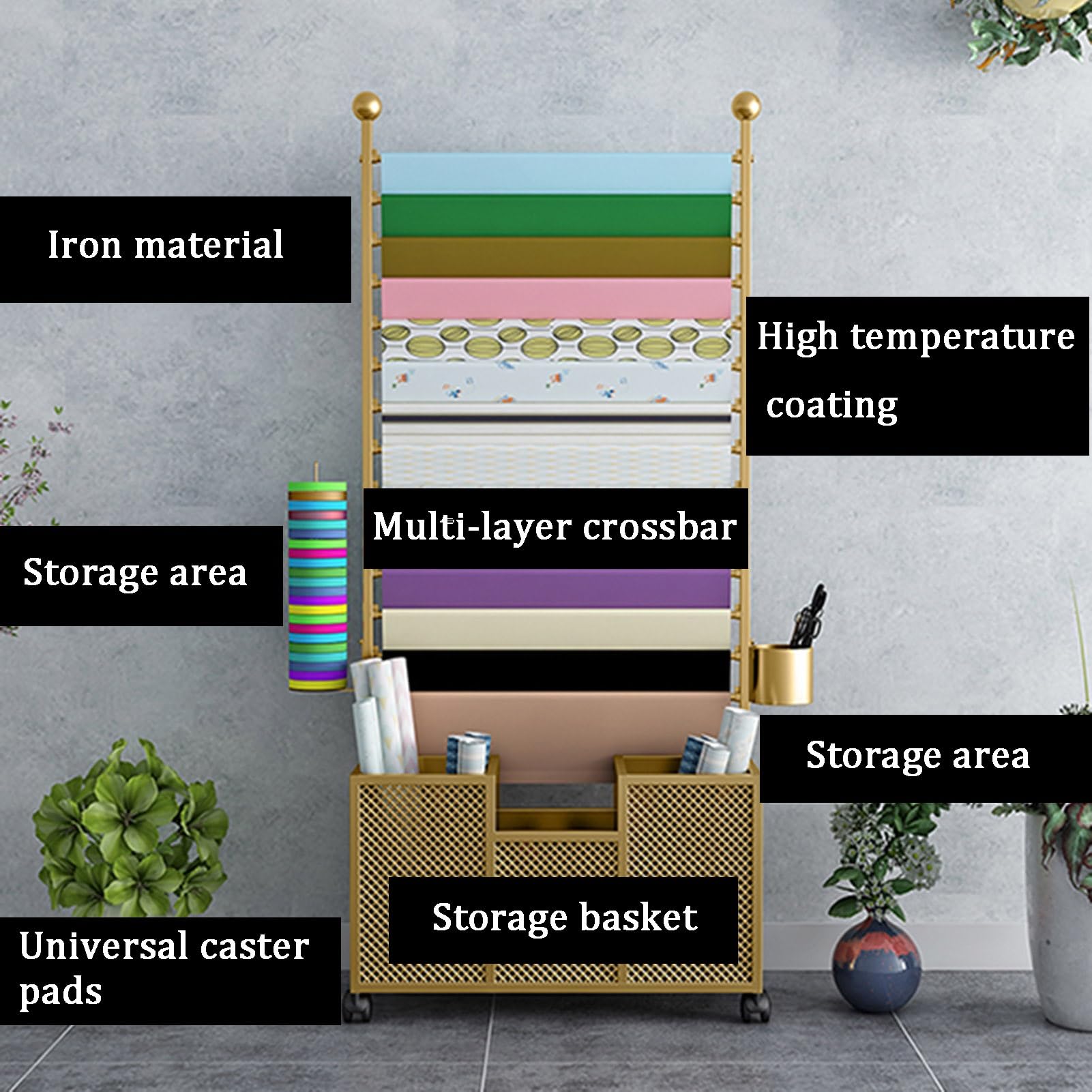 Organizador de cinta de metal para manualidades con soporte de exhibición de bufandas móvil, estante grande de papel de regalo para tienda de flores, tienda minorista, rueda universal blanca (80 x 27