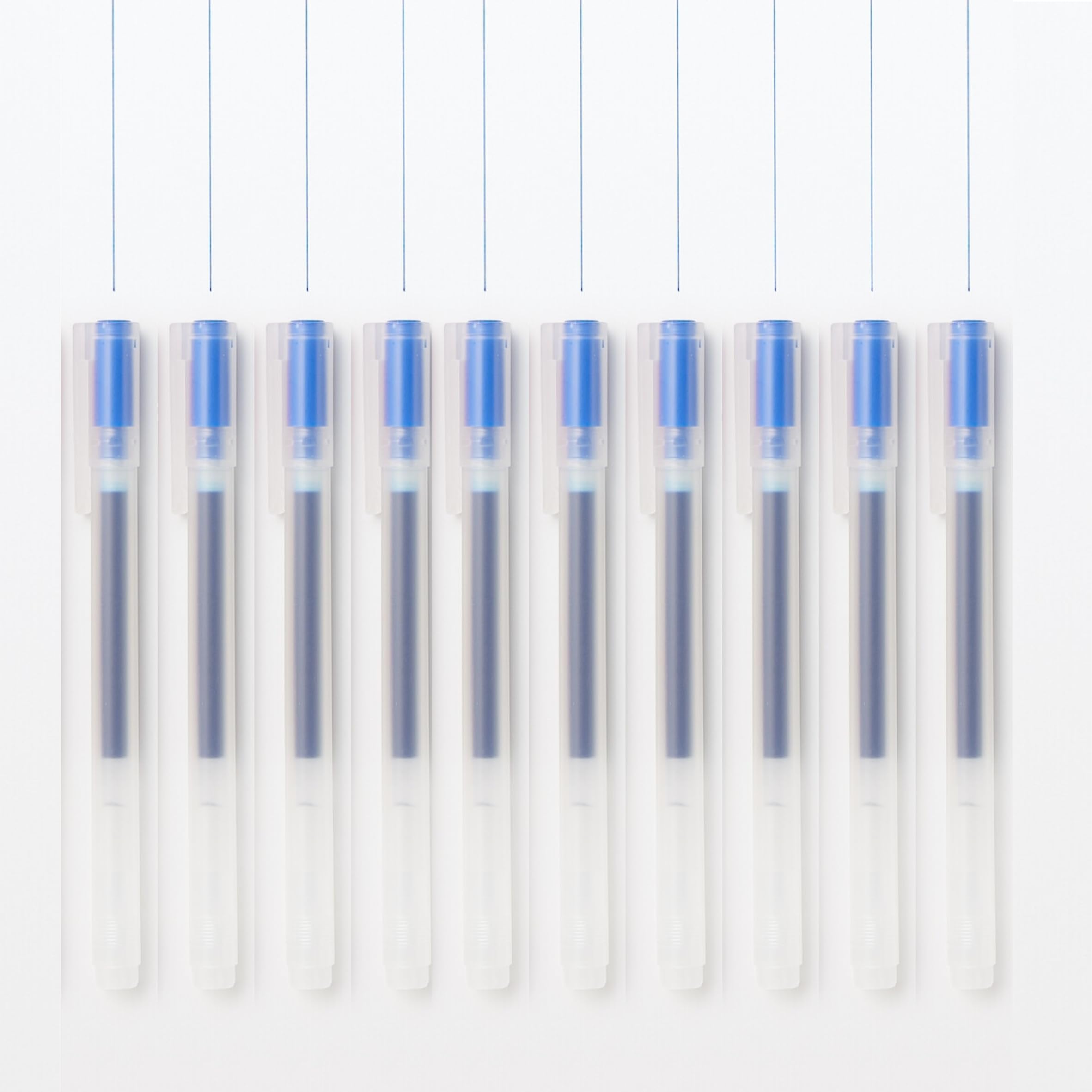 MUJI Gel Ink Ballpoint Pens, Set of 10, Transparent Barrel with Cap. (Blue, 0.38mm)