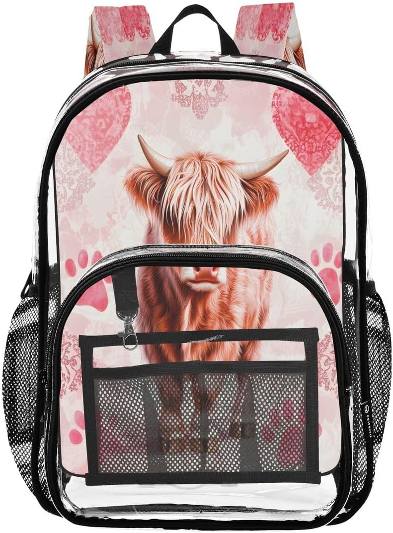 ALAZA Highlnd Cow Cattle Footprint Paw Print Clear Backpack PVC Transparent Bookbag Heavy Duty for Student Boy Girl Kids Adult School Travel Work