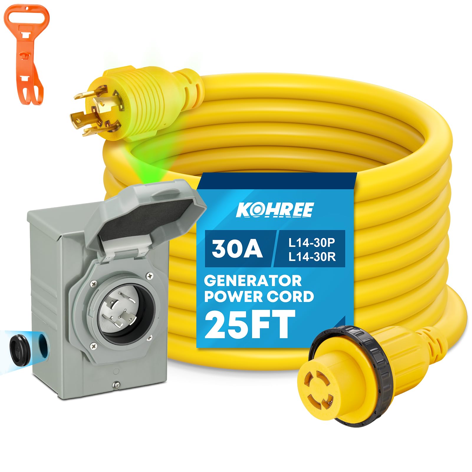 Kohree 25FT 30 Amp Generator Cord and Power Inlet Box Kit