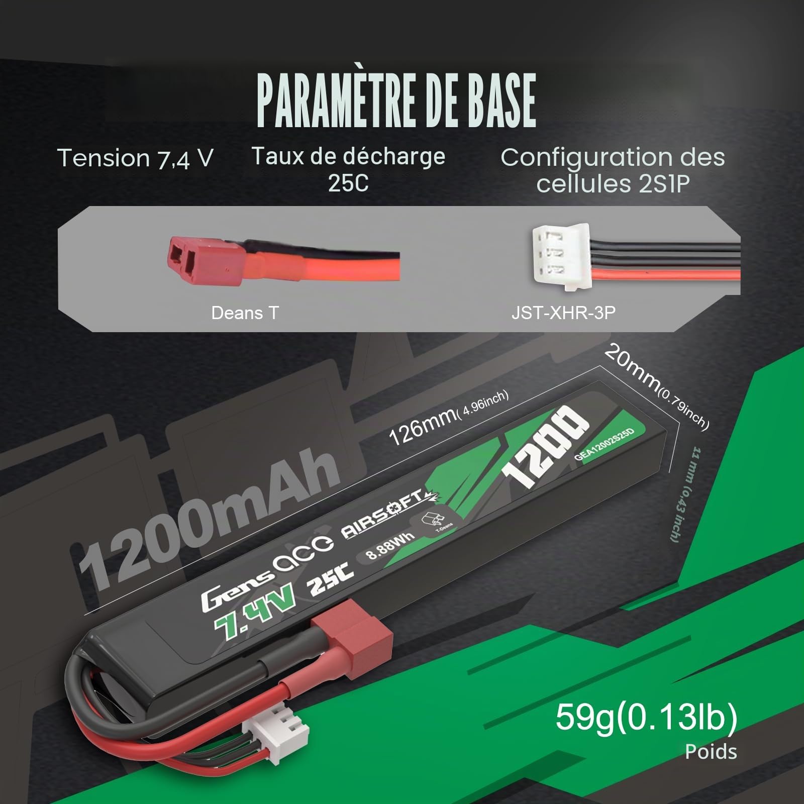 Gens Ace 2S 7,4V 1200mAh 25C Batterie LiPo avec Connecteur T-Plug (Deans), Batterie Rechargeable pour Modélisme et Loisirs, Format Stick Ultra-Mince