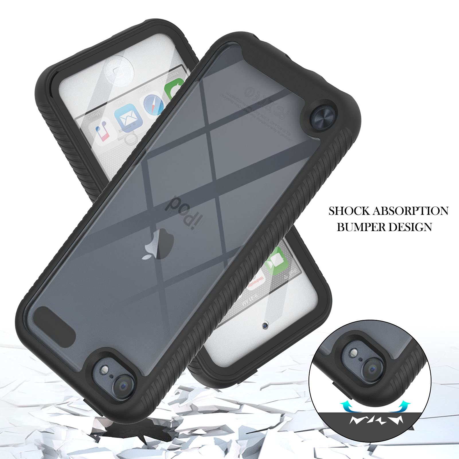 XYX Case Compatible with iPod Touch, Clear Built-in Screen Protector Full Body Hybrid Heavy Duty Protection Case for iPod Touch 7th/6th/5th Gen, Black