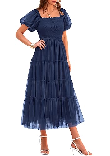 PRETTYGARDEN Women's Smocked Midi Tulle Dress 2026 Summer Puffy Short
