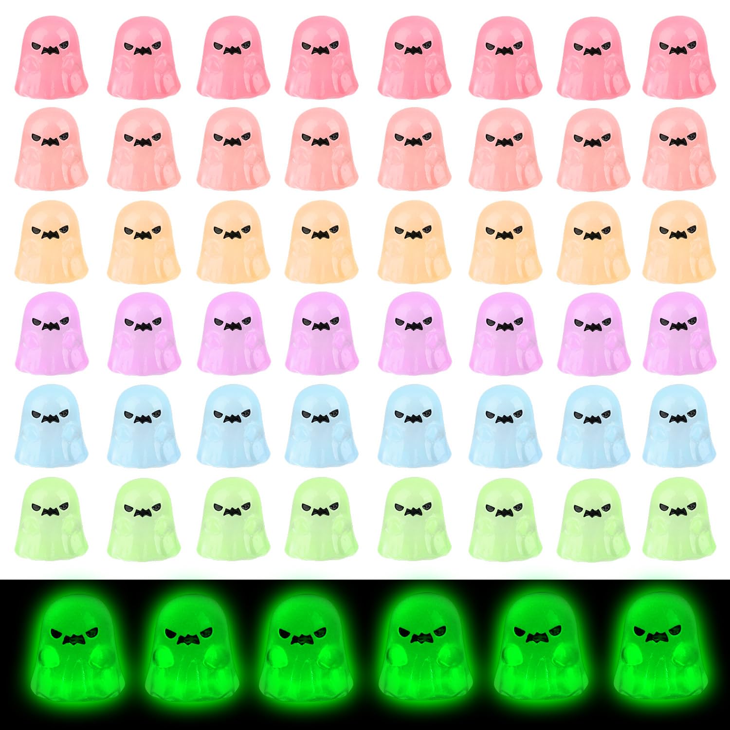 50pcs Halloween Luminous Mini Resin Ghost, Premium Tiny Resin Ghost Figures Halloween Miniature Ghost Figurines Glow in The Dark Ghost Halloween Resin Decor Vase Filler Small Decorations Ornaments