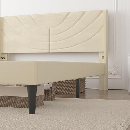 Miniatura 115 de VECELO Base de cama tamaño matrimonial tapizada con cabecera de tela, soporte de listones de madera, no necesita somier, base de colchón, color