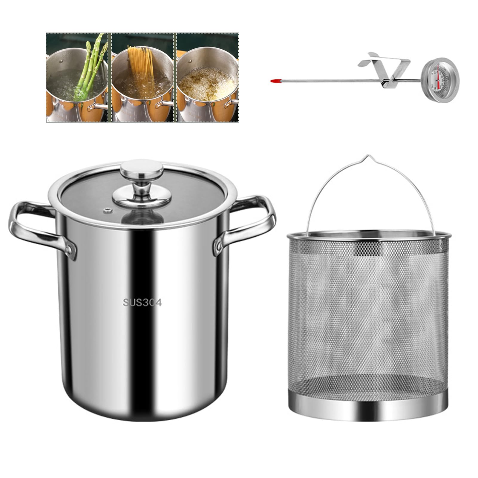 Pot de friteuse de 5L, friteuse en acier inoxydable 304 avec panier à filtre à huile et thermomètre et couvercle transparent, cuiseur à pâtes japonais Tempura pour la cuisson des asperges (5.5L