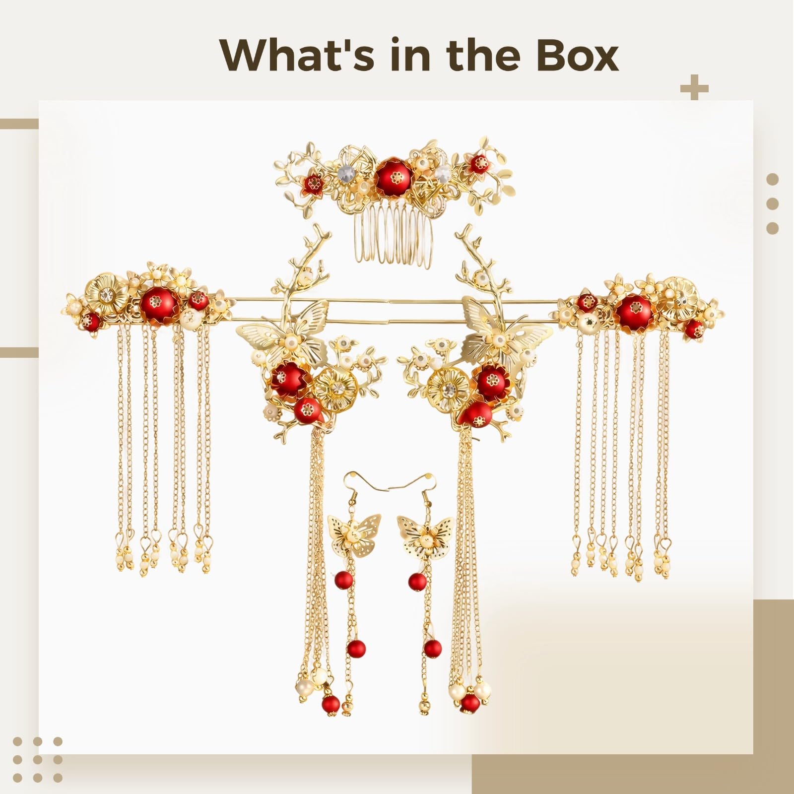 Accessoires cheveux papillon à pompons, ensemble Hanfu, peigne barrette avec perles style classique, bijoux de coiffure dorés pour mariage et cérémonie