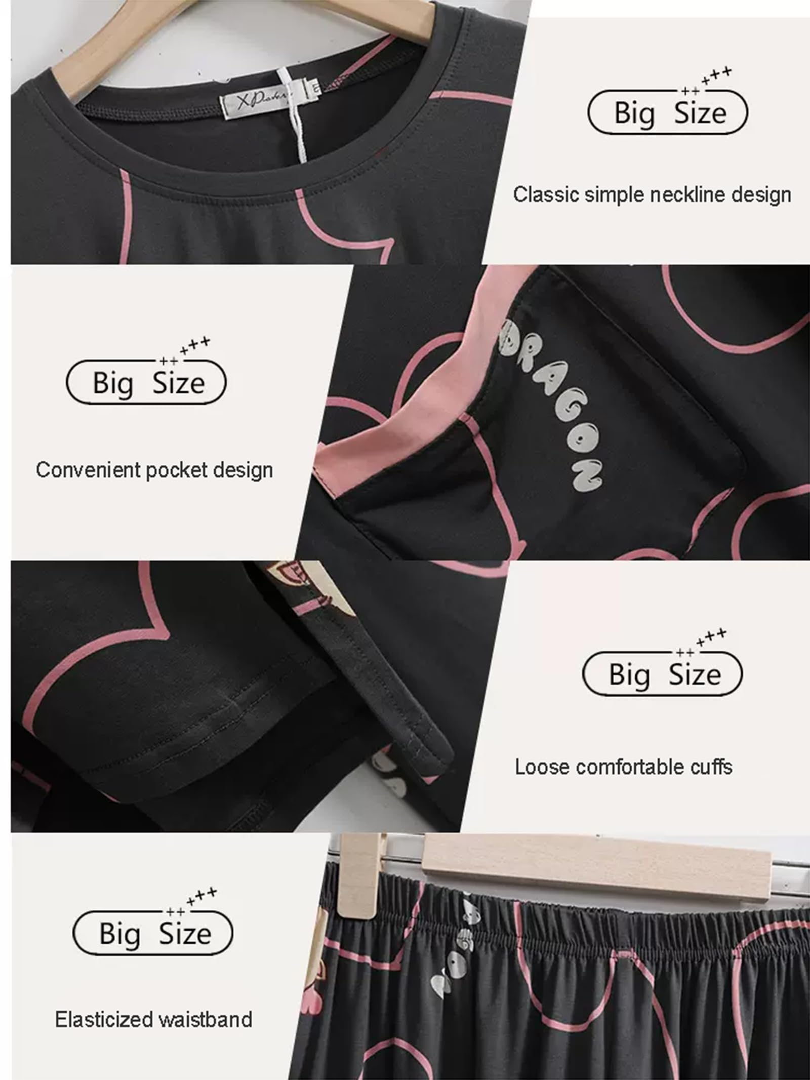 Pijama de algodón Conjunto,2 Piezas de Ajuste Flojo de Manga Larga Ropa de Dormir Loungewear Pjs Set 4XL/ 5XL