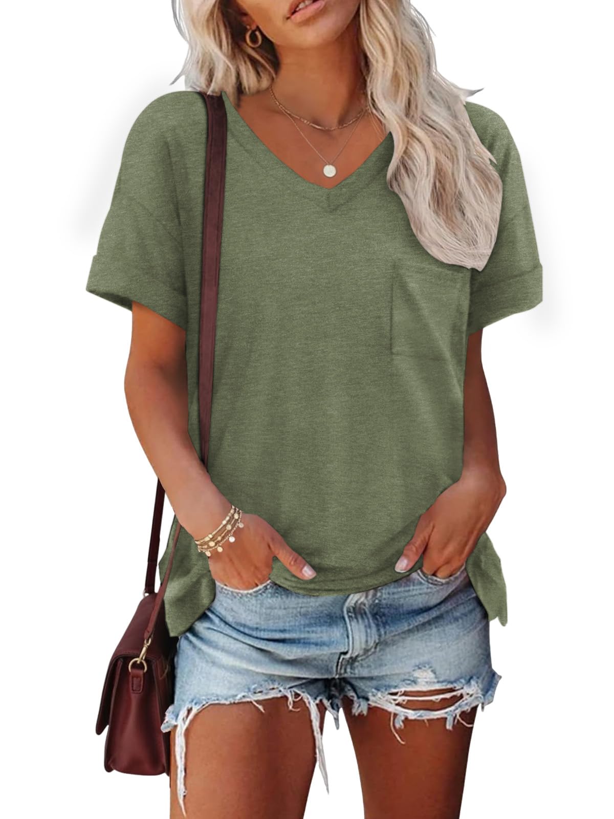 Cuptacc Tshirt Damen Sommer Basic T Shirt Damen V Ausschnitt Oberteile Kurzarm Elegant Summer Tops Mit Tasche Locker Blusen