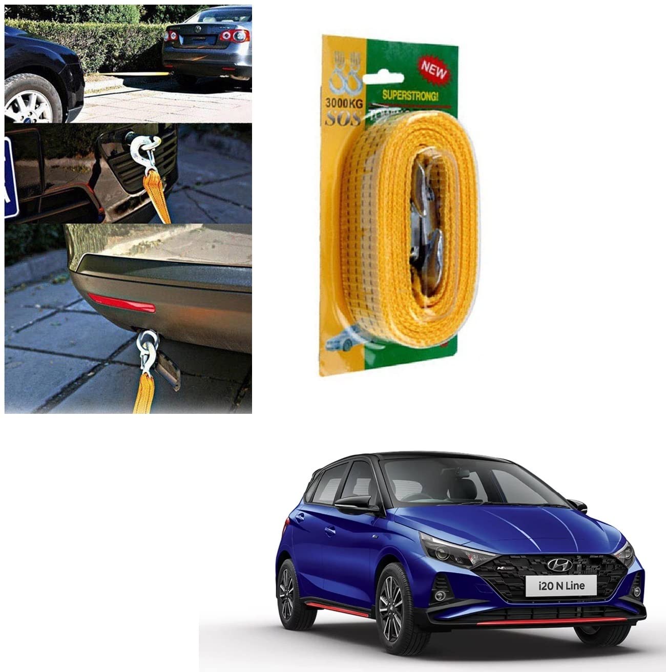 Auto Addict 3 Ton 3 MTR Nylon Car Truck Towing Rope Cable for Heavy Duty Car Emergency Tow Pull Rope Strap Hooks Van Road Recovery for i20 N-Line New(2021-Today)-image-1
