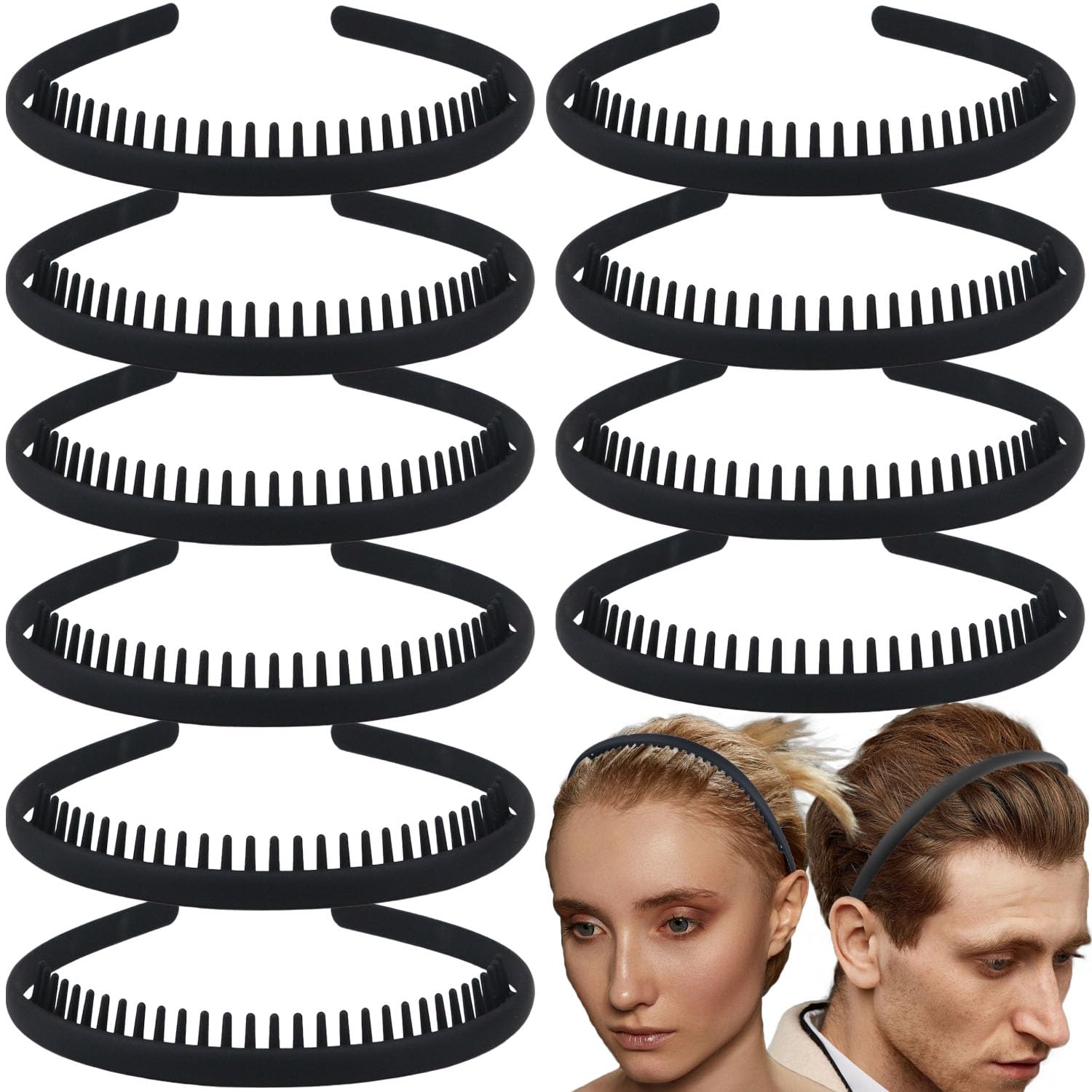 LAPOHI 10 PCS Non Slip Fashion Effortless Plastic Headbands with Teeth Comb Skinny Hair Bands for Women Men Teen Girls, Short Teeth Matte Black