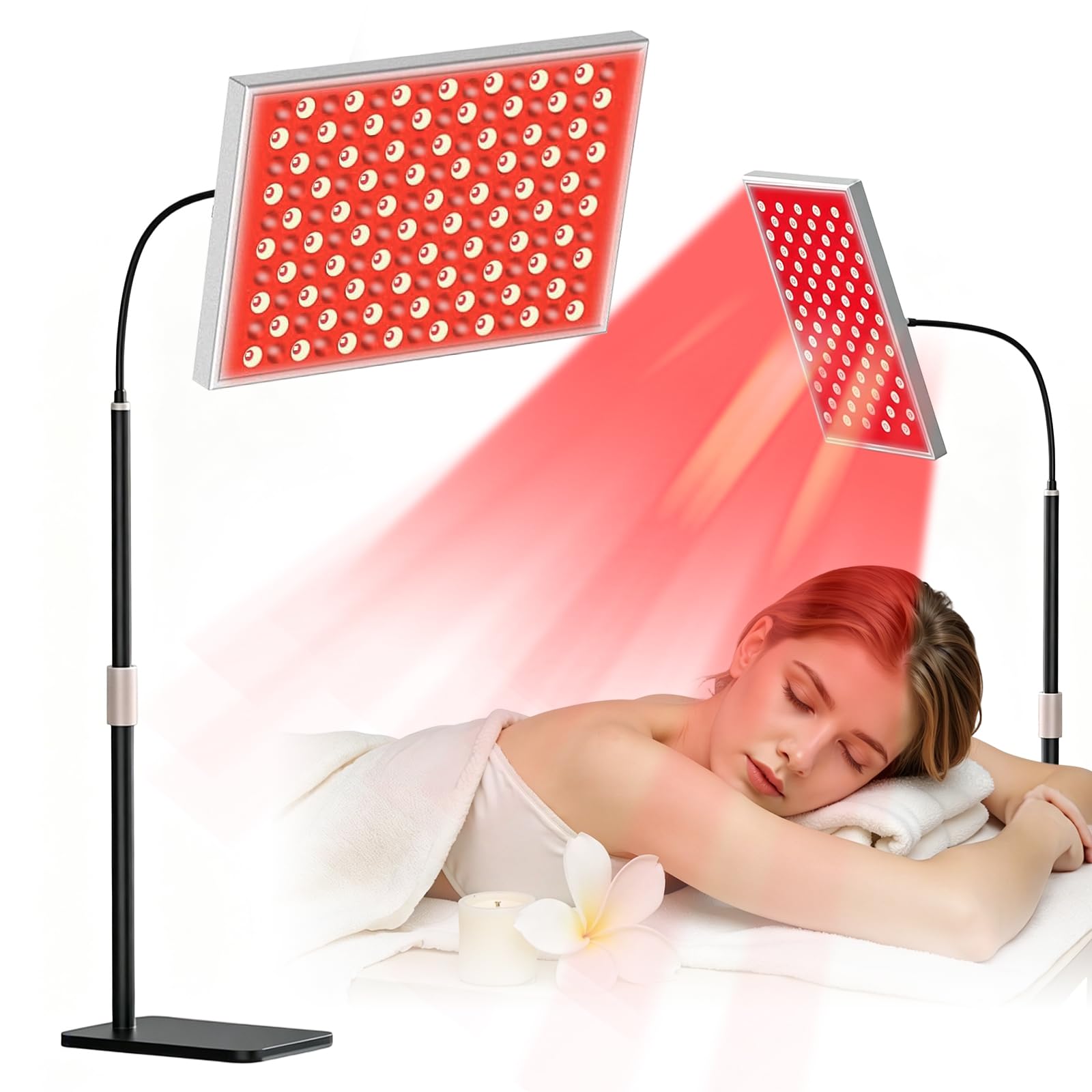 Lámpara de luz roja de 225 ledes, lámpara de panel de infrarrojos con 5 niveles y temporizador, 660 nm y 850 nm, terapia de luz roja infrarrojo cercana con soporte ajustable para cuerpo, cara, cuello