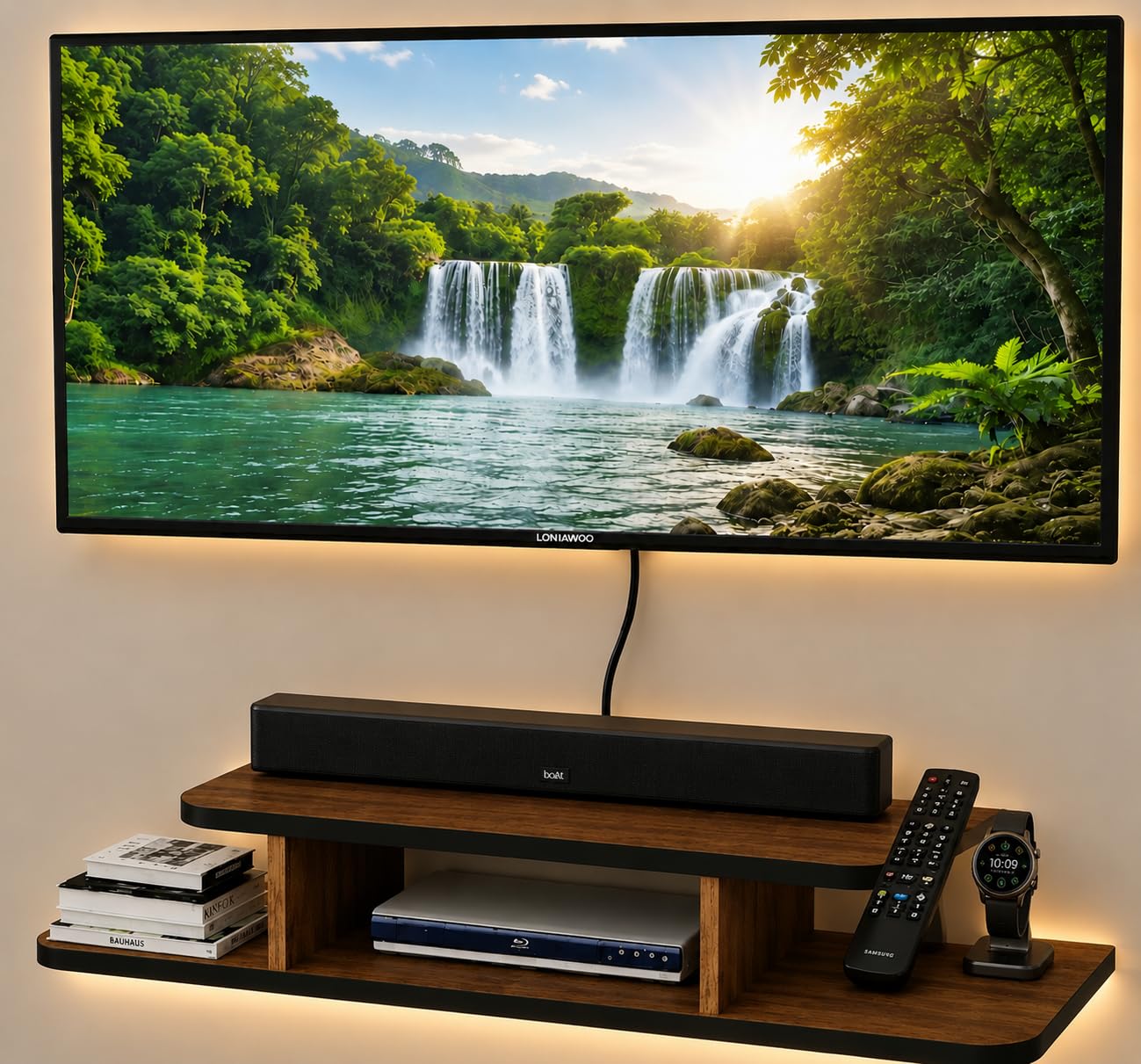 TAKME Luxury Modern Wall Mounted LED TV Entertainment Unit with Floating Wooden Shelf, Soundbar Stand & Decorative Living Room Media Console-image-21