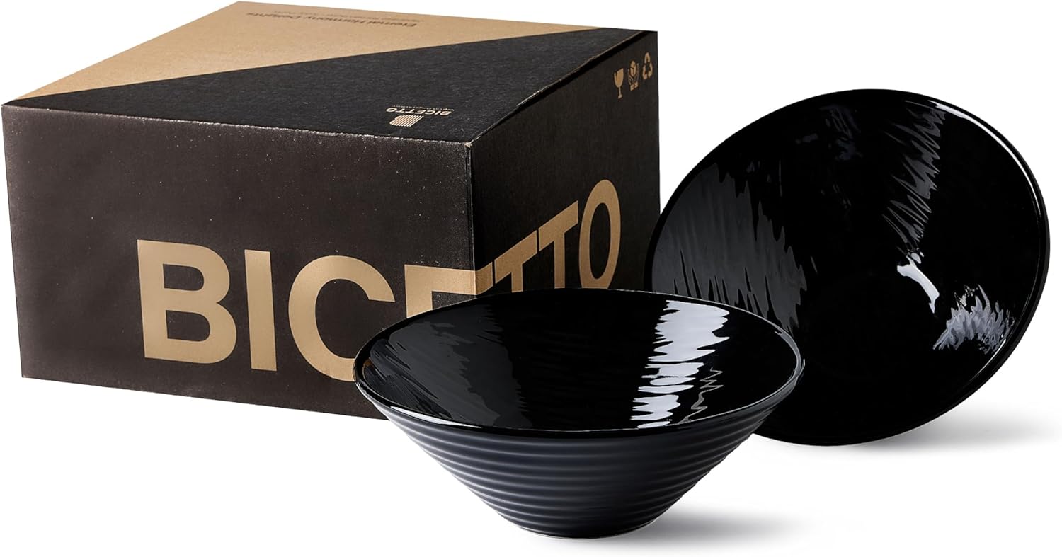 BICETTO Premium Porcelain Ramen Bowl Set 52oz, 8.5inch - Durable & Stylish - Perfect for Ramen, Pho, Soup, Salad, and Noodles - Microwave & Dishwasher Safe - Elegant, Lightweight, Ebony Grace