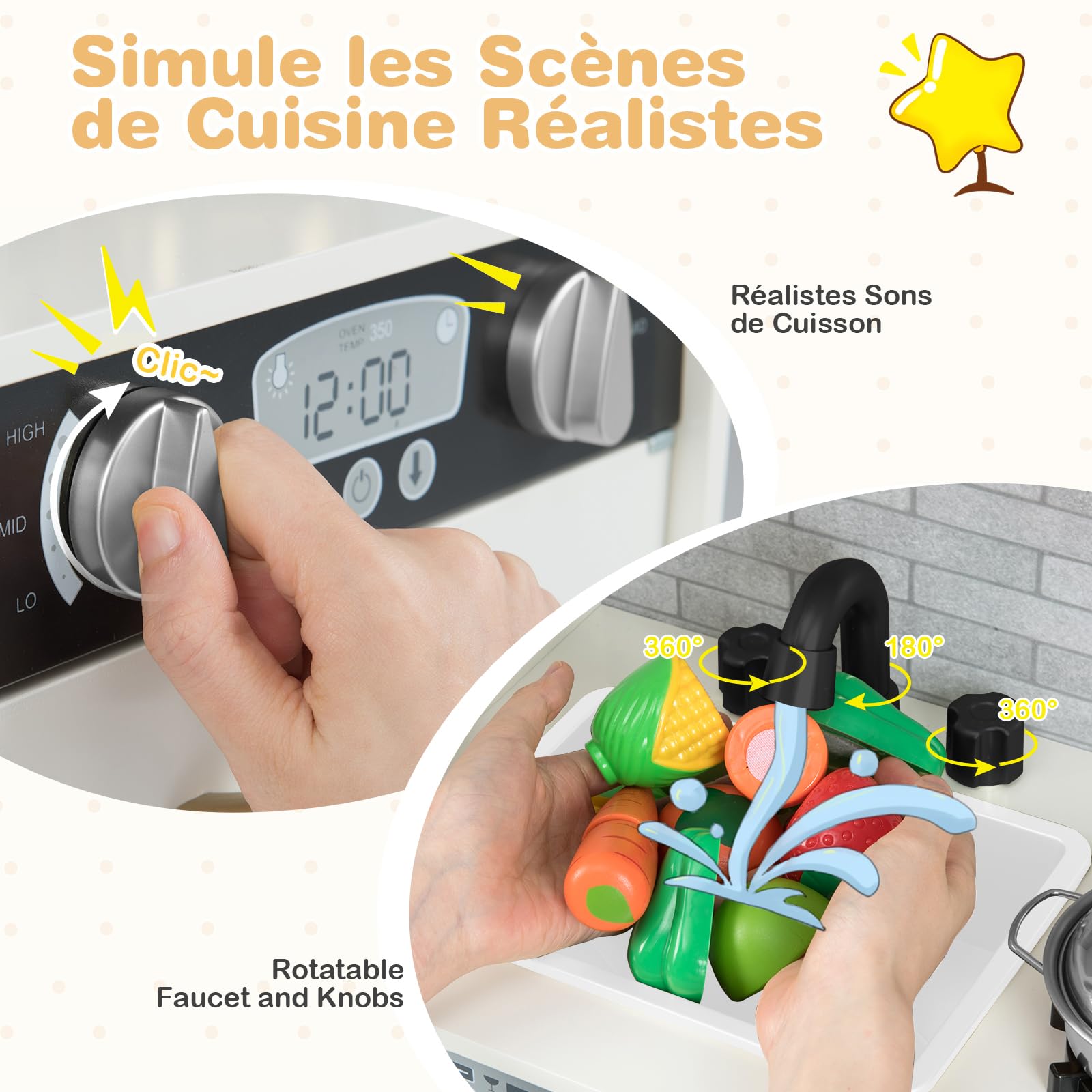 COSTWAY Cuisine Enfants en Bois avec Tableau Noir & Téléphone, Jeu de Cuisine Enfants avec Micro-Ondes & Machine de Glaçons, Jeu d’Imitation pour Enfants de 3-6 Ans, 82 x 24 x 80 cm (Beige)