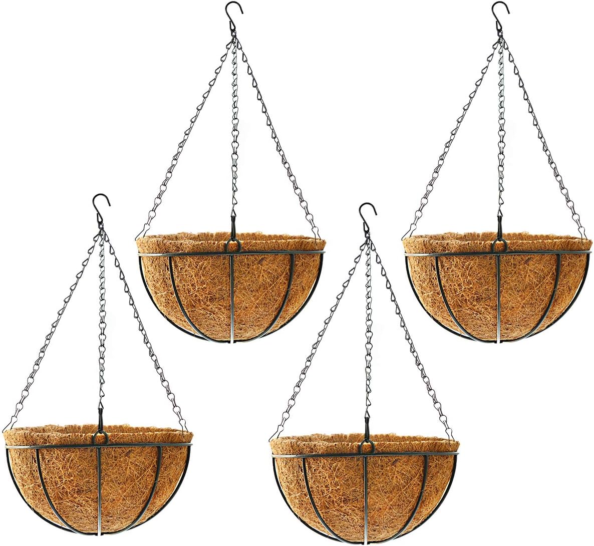 Hanging Plant Basket Flower Holder (4pack, 14 inch)-Metal Wire Round Hanging Basket Planter with Coco Fiber Liners for Plants Flower Pots Indoor Outdoor Garden Porch and Balcony Decor