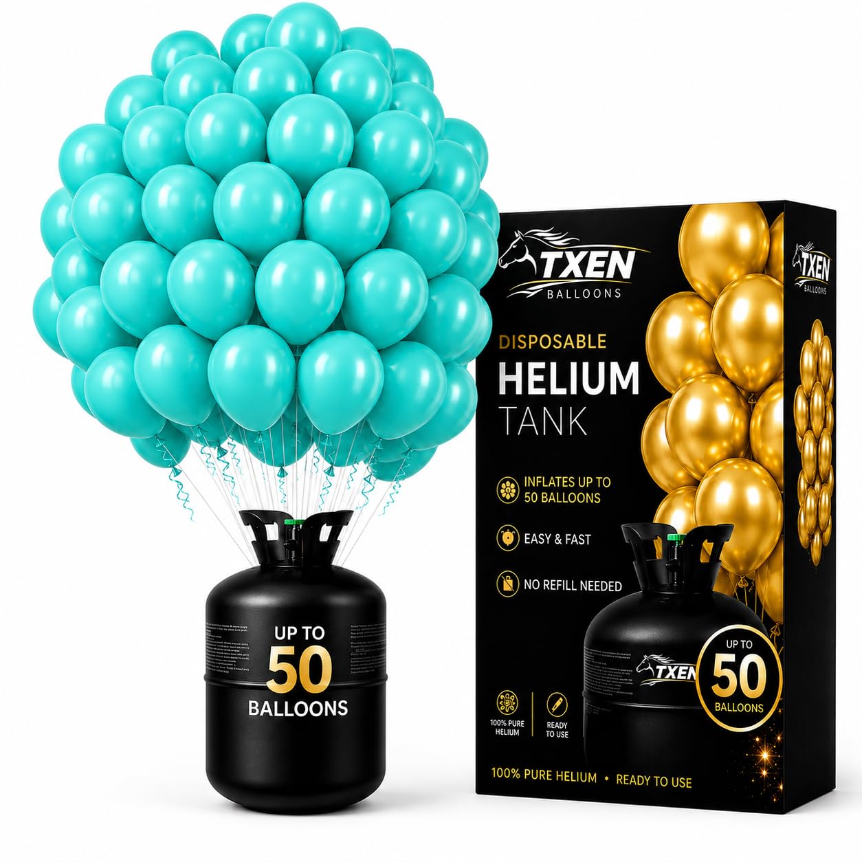 TXEN Disposable Helium Tank 13L with Aqua Blue Balloons, Fills Up to 50 Balloons, Portable Helium Gas Cylinder for Birthday Party, Wedding, Baby Shower & Event Decoration — image 1