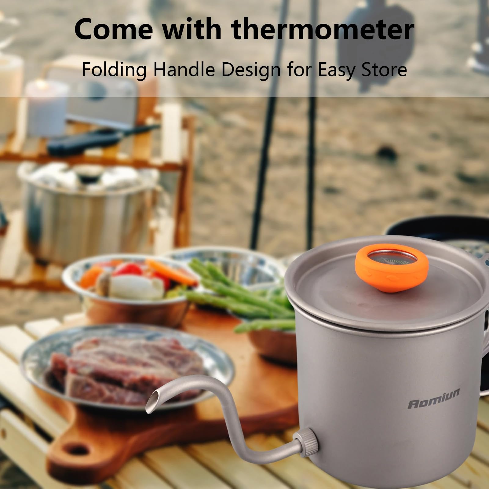 Handbrüh Kaffeekessel, Ti Pour Over Kaffeekessel,Schwanenhals Teekessel mit Thermometer und klappbarem Griff für Camping Wandern Kochen Picknick Outdoor 400ML