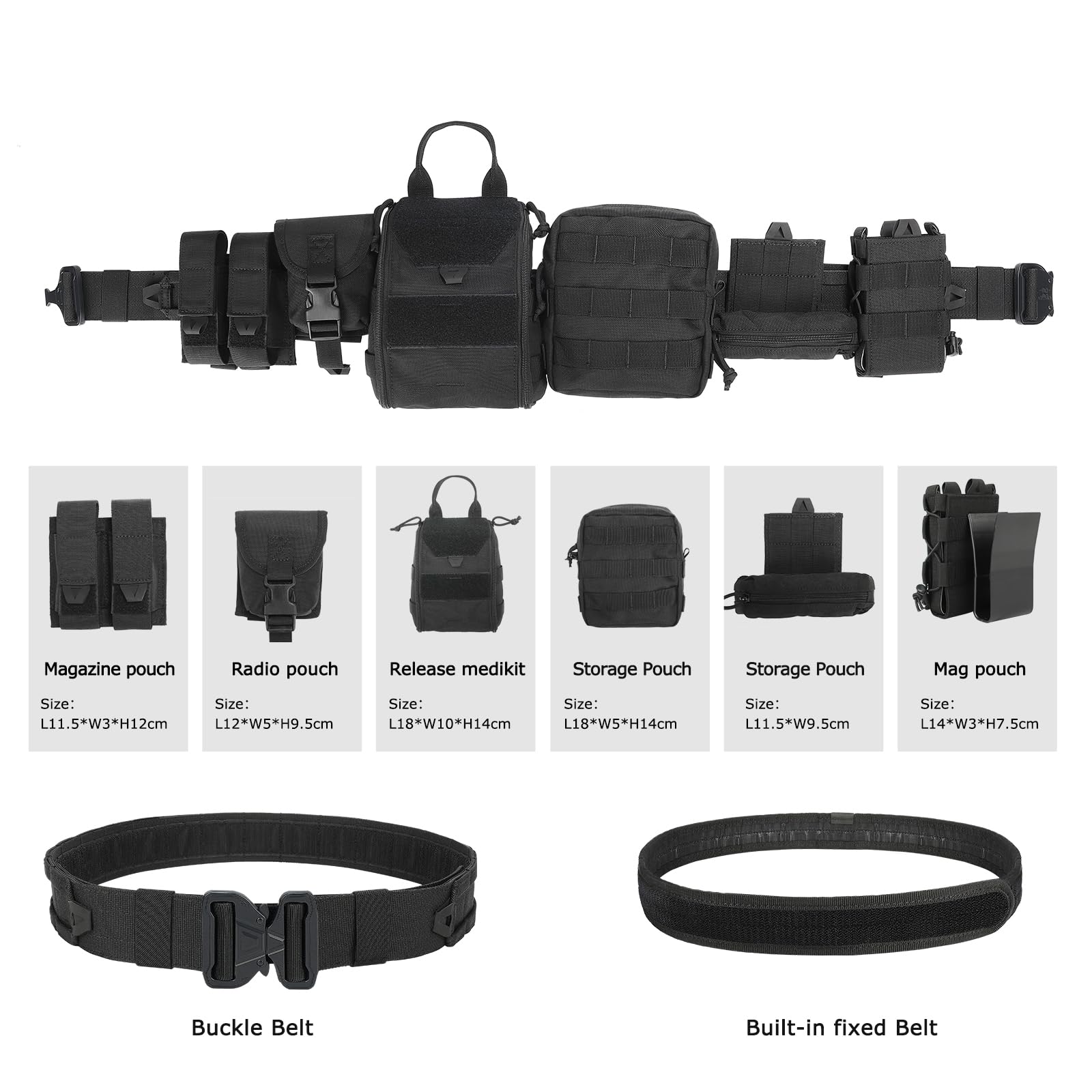 PIKEON Tactical Belt Battle Law Enforcement Molle Airsoft Duty Belt Quick-Release with Pouches 8 in 1 (Black)