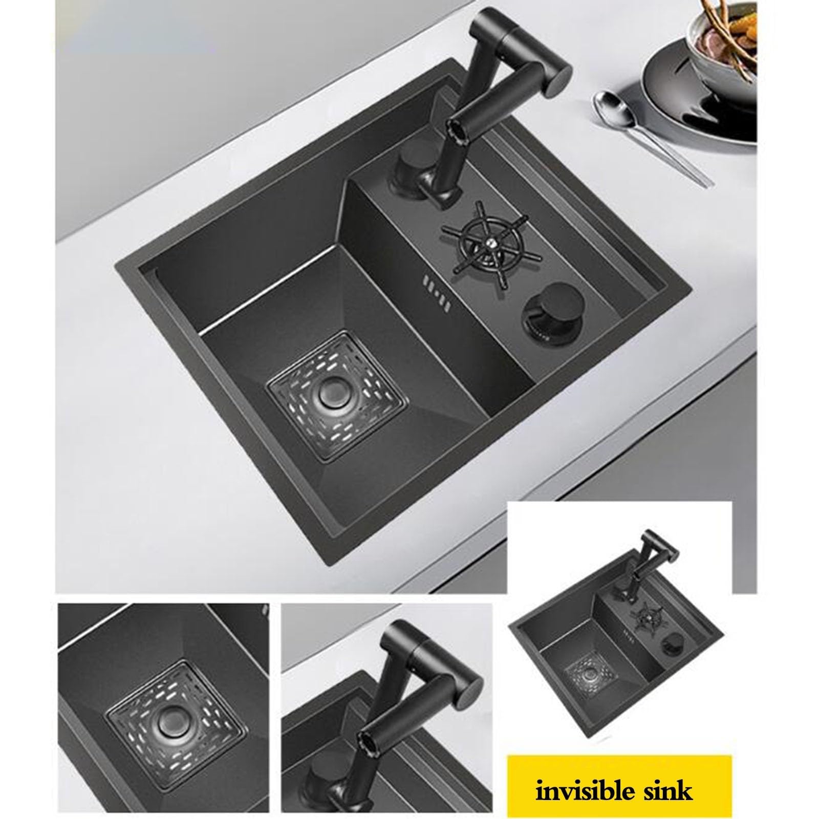 Fregadero de cocina de acero inoxidable con tapa, grifo elevador y sifón, perfecto para balcones al aire libre, estudios, preparación de verduras y lavado a mano.