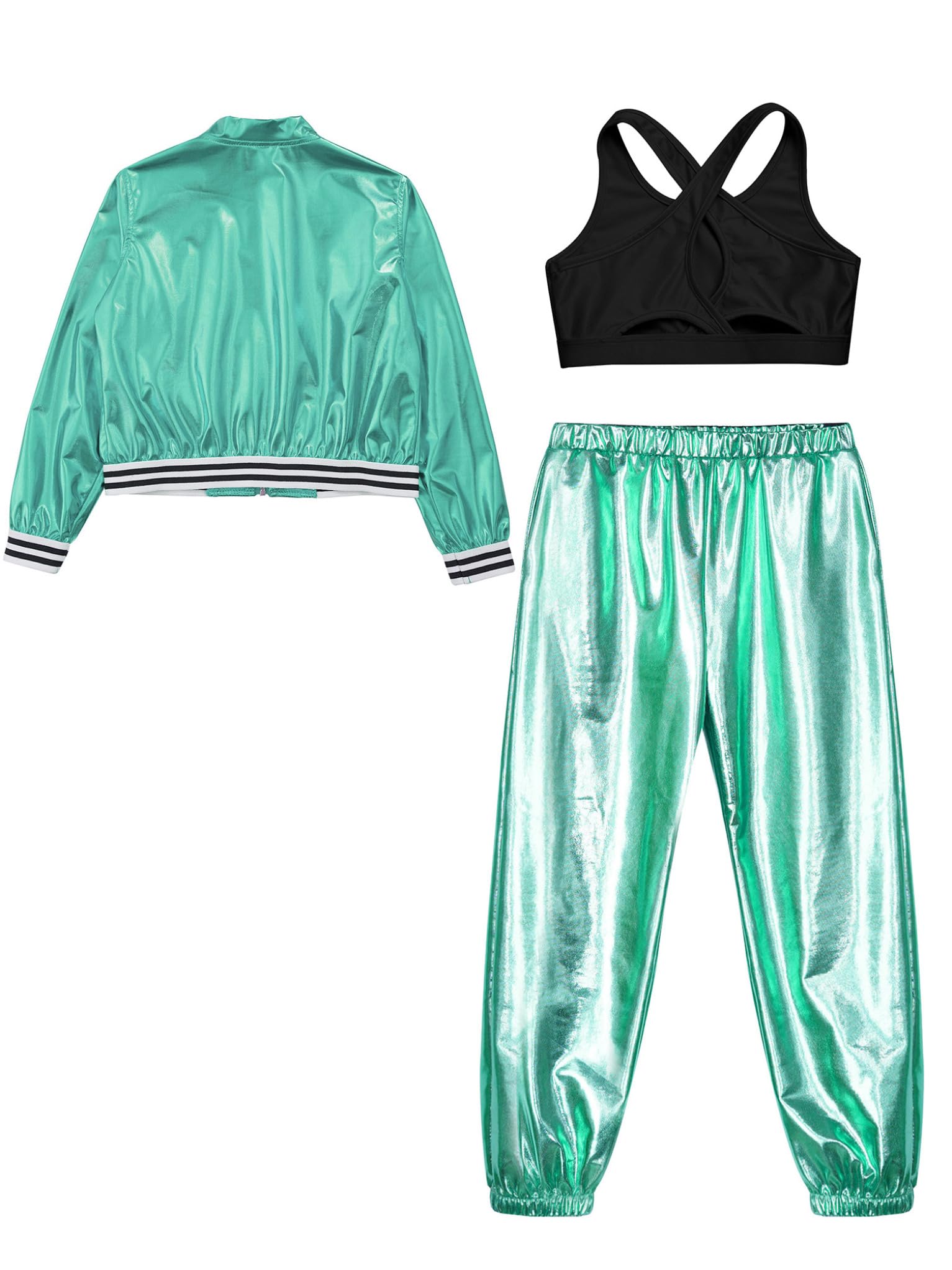 3 Pezzi Tuta da Sportiva Ginnastica Artistica per Bambina Completo Hip Hop Lucido Giacca Pantaloni e Crossback Top Abito da Ballo di Strada Jazz Metallizzato