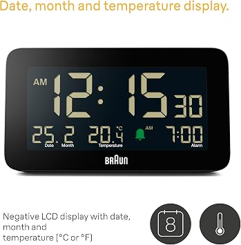Braun Dijital Çalar Saat, Tarih, Ay ve Sıcaklık Göstergesi, Negatif LCD Ekran, Hızlı Ayarı, Artışlı Bip Alarmı, Siyah, BC10B Modeli (1'li Paket)'