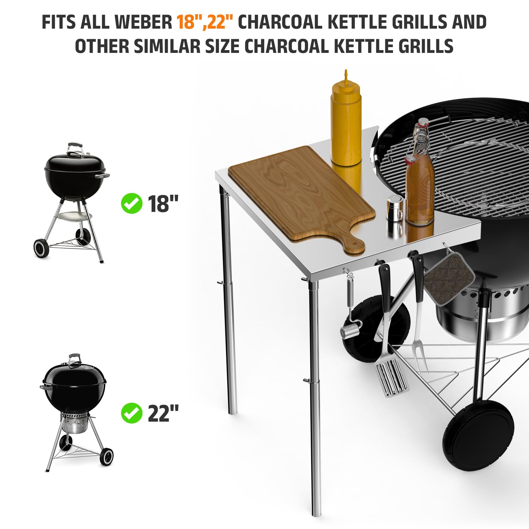 Onlyfire Wyjmowana półka do grillowania z węglem drzewnym, stół pomocniczy ze stali nierdzewnej, odpowiedni dla wszystkich 47/57cm Weber Czajnik
