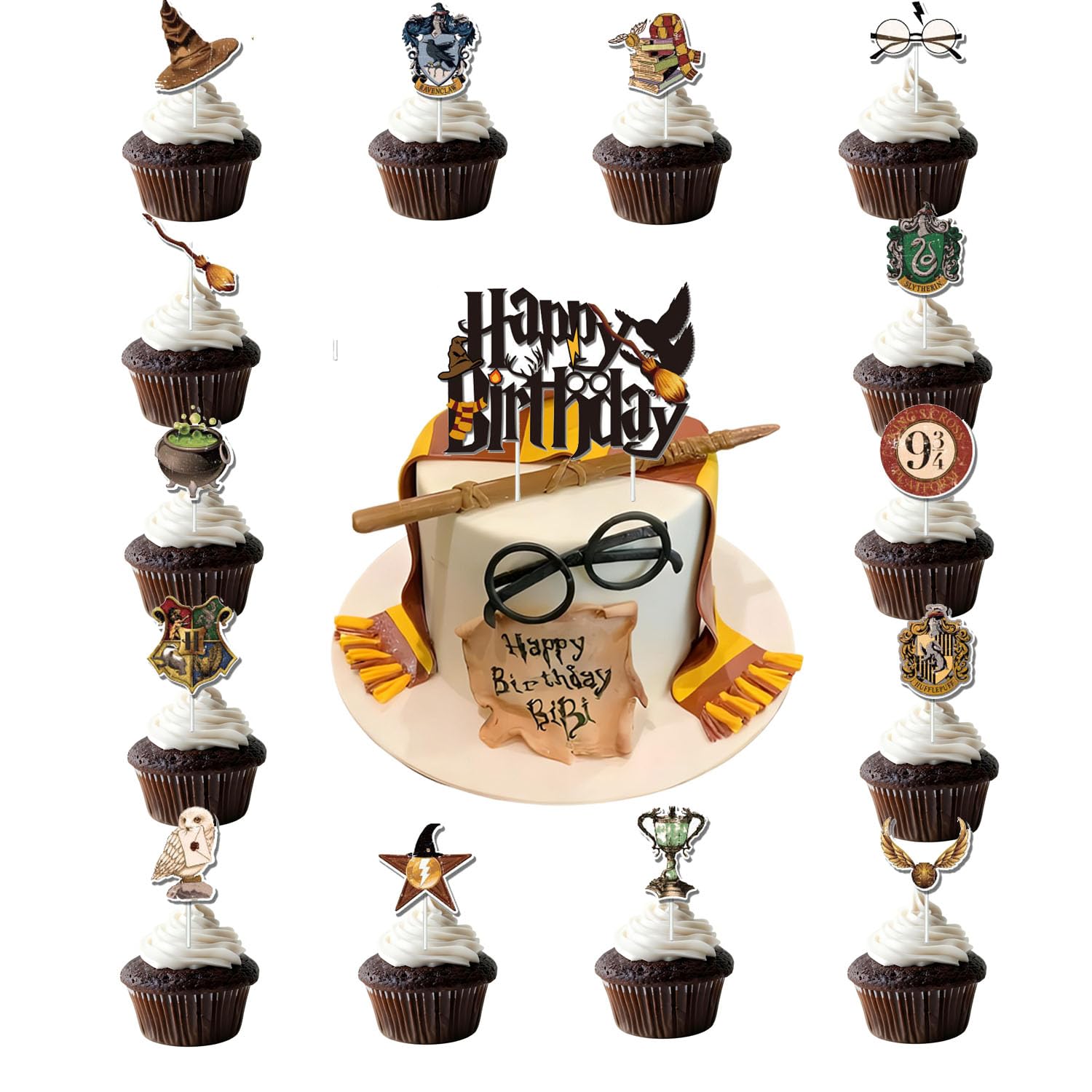 16pcs Cake Decorations with 15pcs Cupcake Toppers, 1pcs Cake Topper for Potter/Tenn Girl Boy Birthday Party Supplies