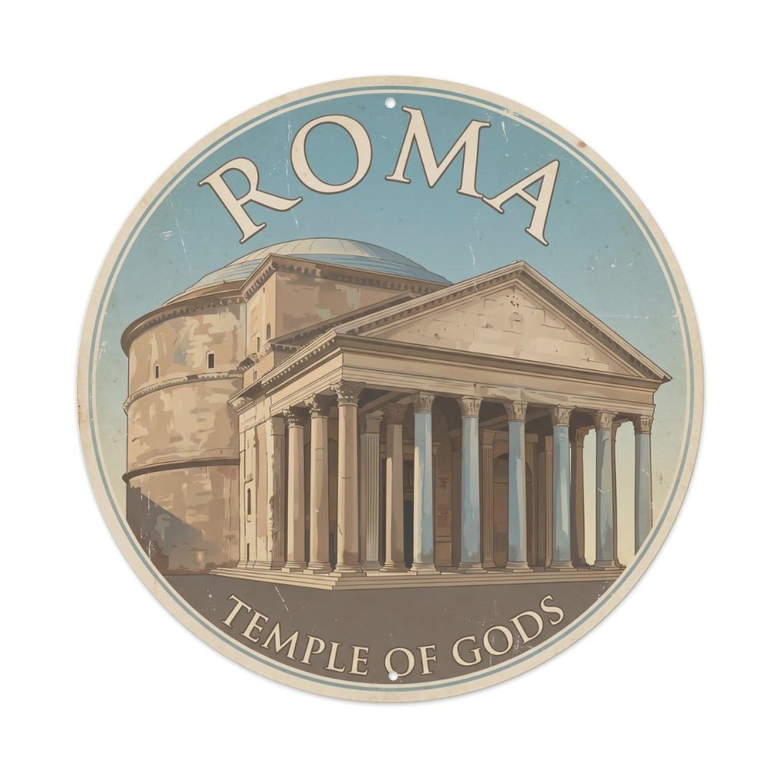 Vintage Travel Rome Pantheon Temple Metal Tin Sign Plaque Wall Decor for Cafe, Club, Garden Round Metal Poster 8x8Inch