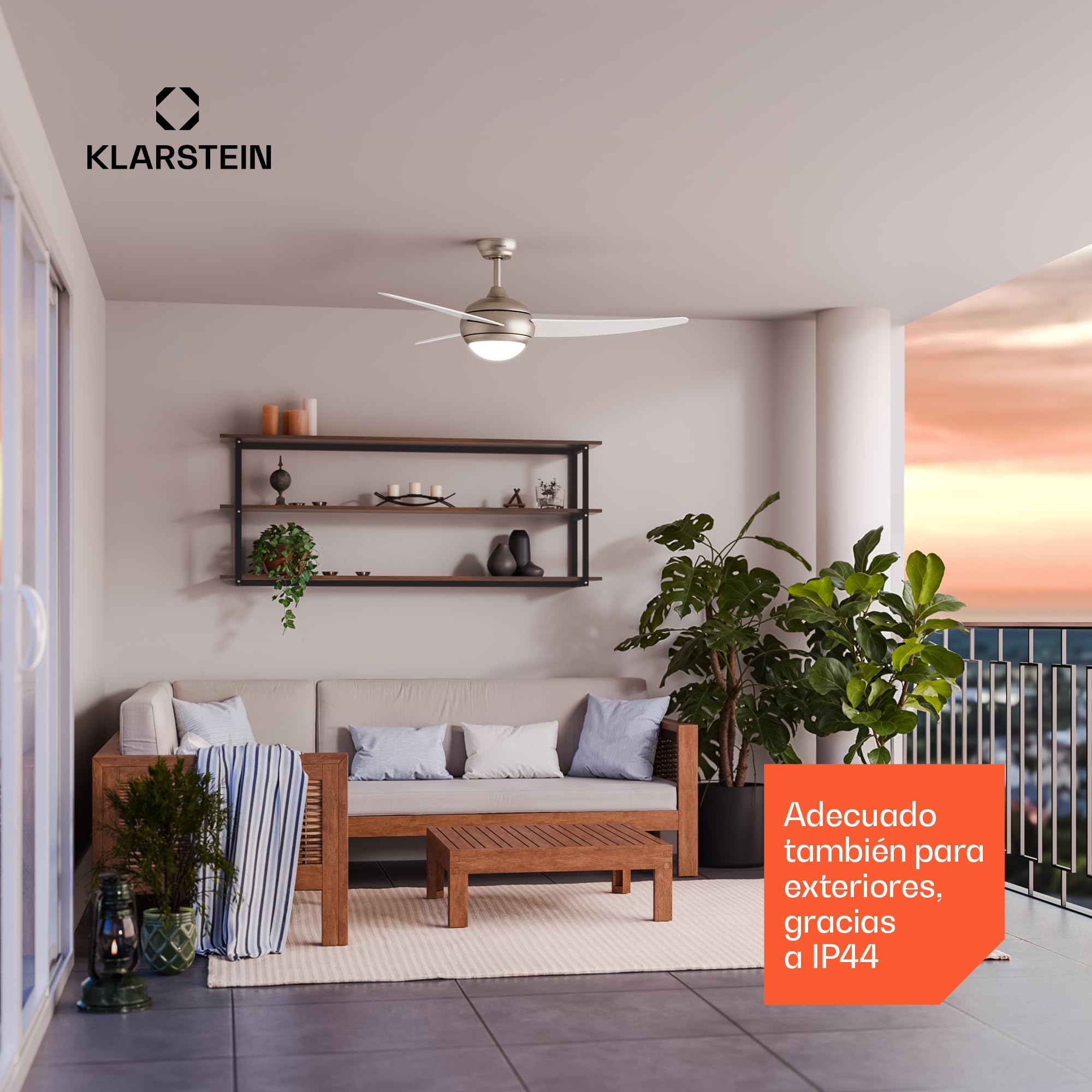 KLARSTEIN El Paso Ventilador de Techo con Luz – Silencioso, 6 Velocidades, Mando a Distancia, 3 Aspas, Interior & Exterior, Lámpara LED, 132cm, Reversible, White