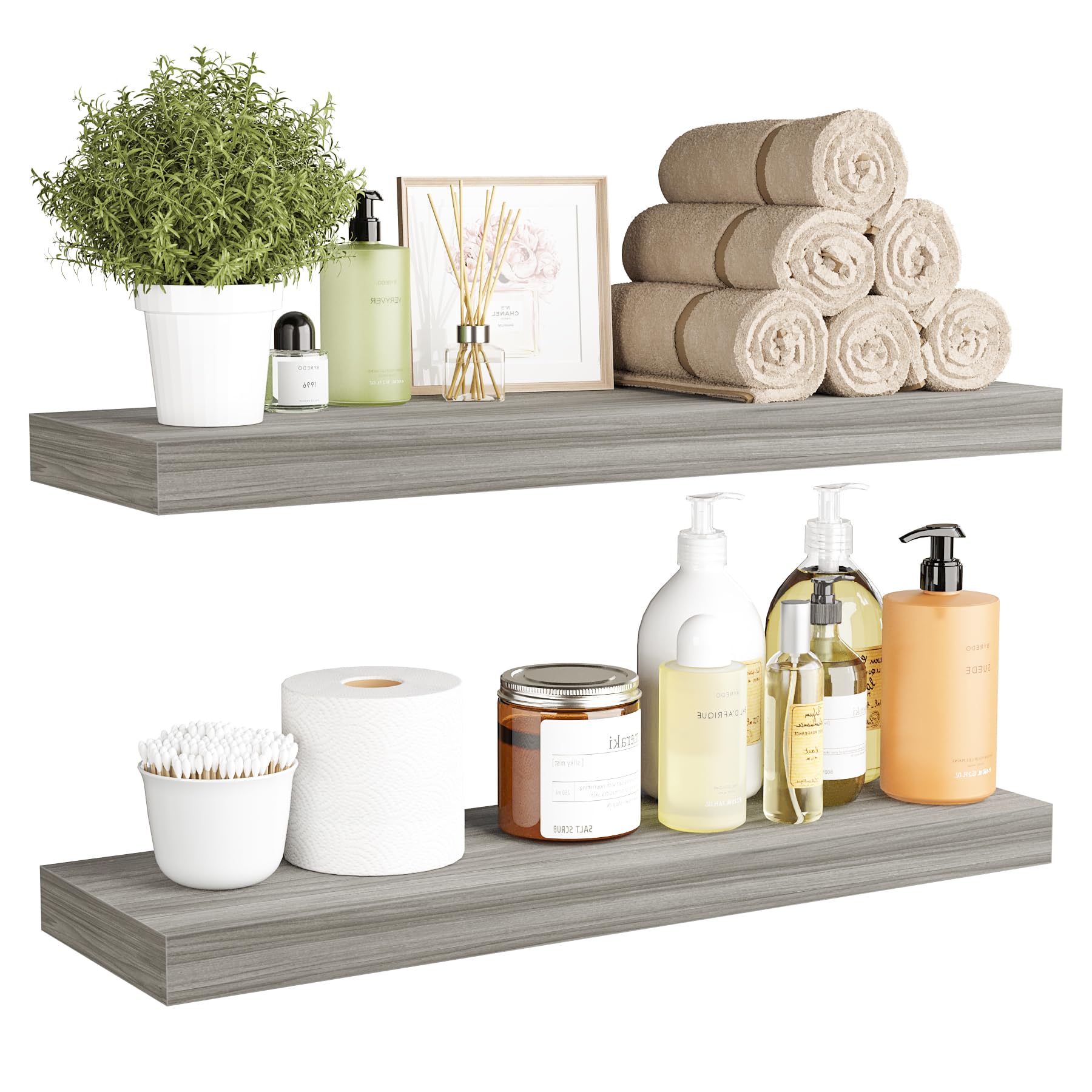 BAMEOS Floating Shelf,Wall Shelf,Decor Wall Mounted Shelves,Hanging Shelf Set L24xW6 for Bathroom Kitchen Living,Kitchen,Room Bedroom Storage,Walnut