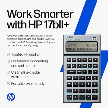 HP 17bII+ Financial Calculator 250+ Professional Functions for Business, Finance & Accounting RPN, Algebraic Entry, College Math Solver, 2-Line Display, 28KB Memory Includes Case, Cleaning Cloth