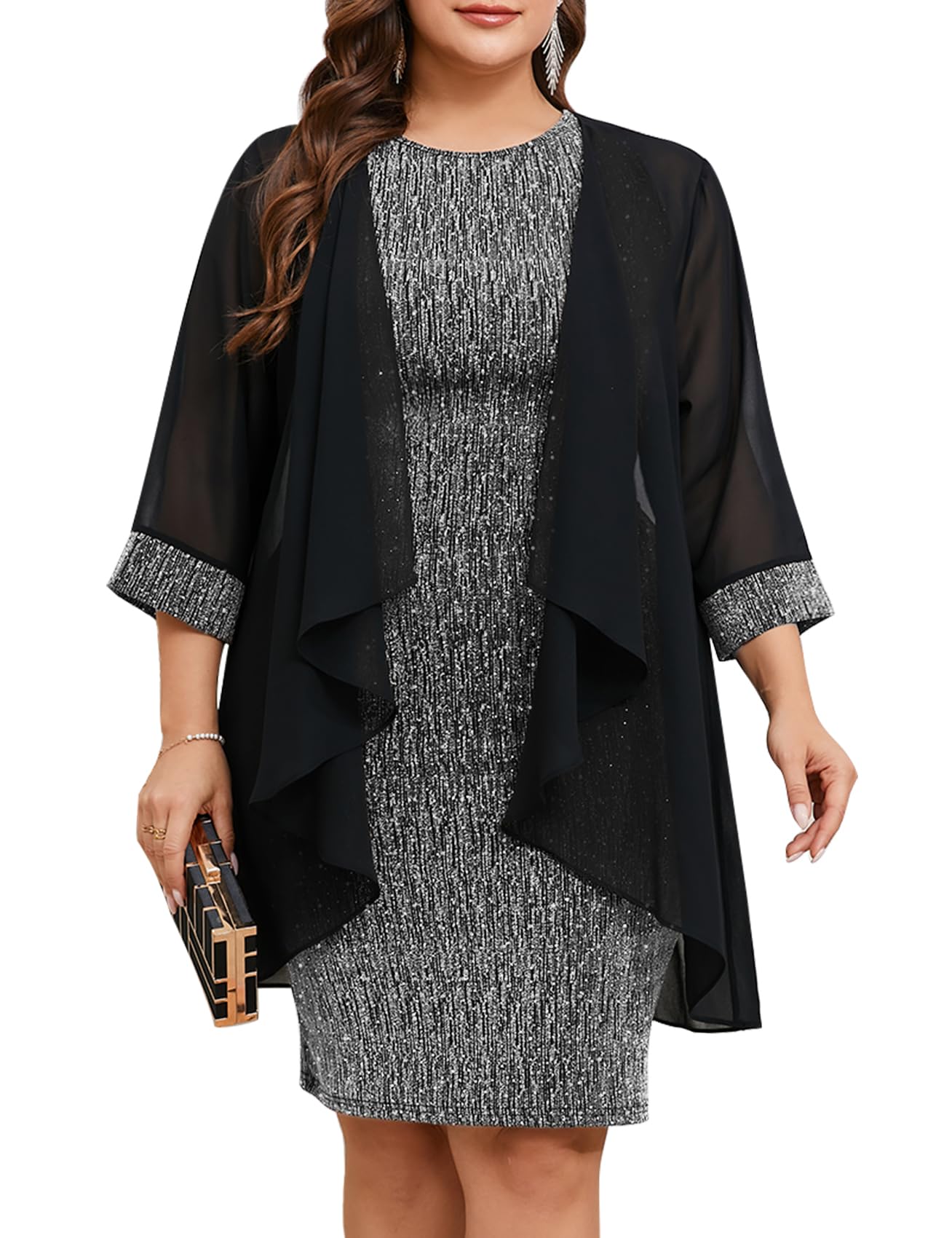 ZOMVA Plus Size Sparkly Formal Dress Suit 2 Piece Mother of The Bride Groom Chiffon Jacket Outfit Cocktail Evening