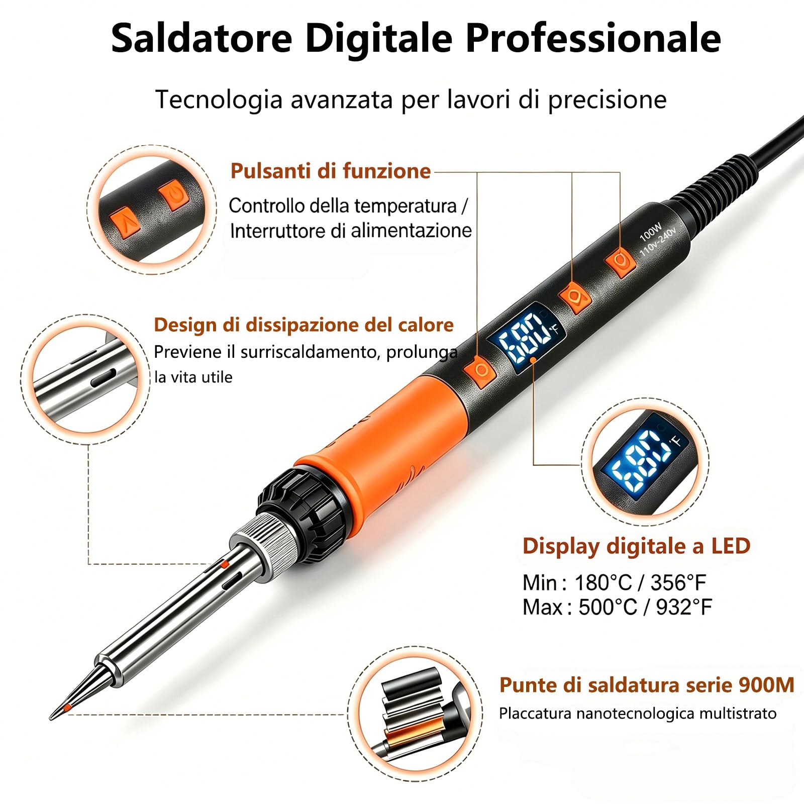 Kit Saldatore a Stagno 100W, Supporto Robusto Antiscivolo, 180–500 °C | Terza Mano e Lente d'Ingrandimento, Modalità di Sospensione, Display LED, Temperatura Regolabile, Fil Stagno senza Piombo