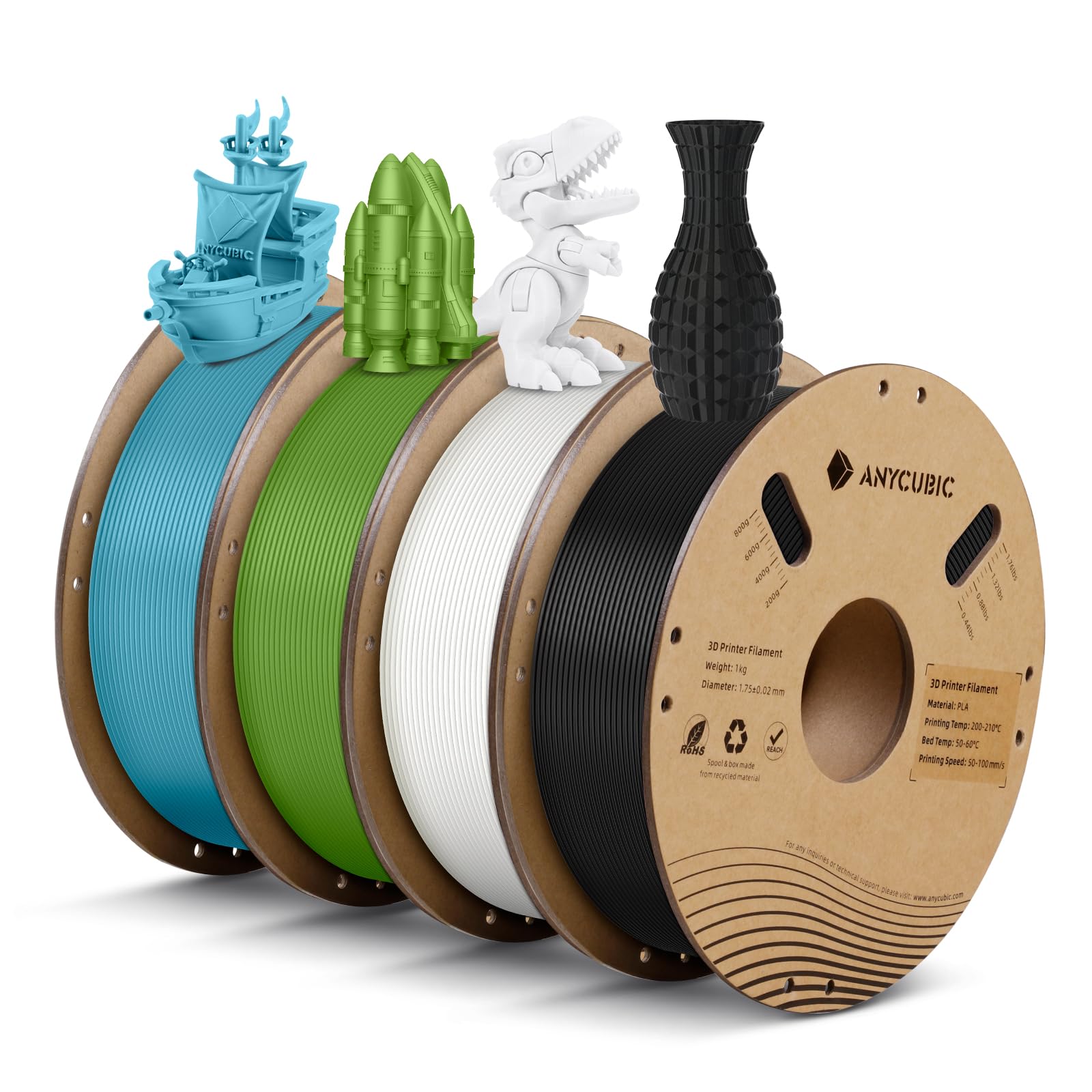 ANYCUBIC PLA Filamento per Stampante 3D, RFID Filamento PLA per Stampante 3D 1,75 mm Precisione Dimensionale +/- 0,02 mm(Nero Perla, Bianco Brillante, Foglia Primavera, Turchese Tropicale, 4KG)