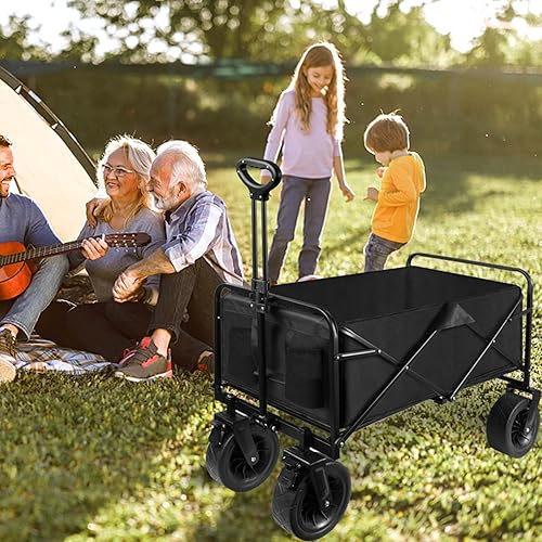 Miniatura 4 de HYZSWGC Carro de jardín plegable para exteriores con ruedas todoterreno de 8 pulgadas, mango ajustable y portavasos para campamento, picnic, negro,