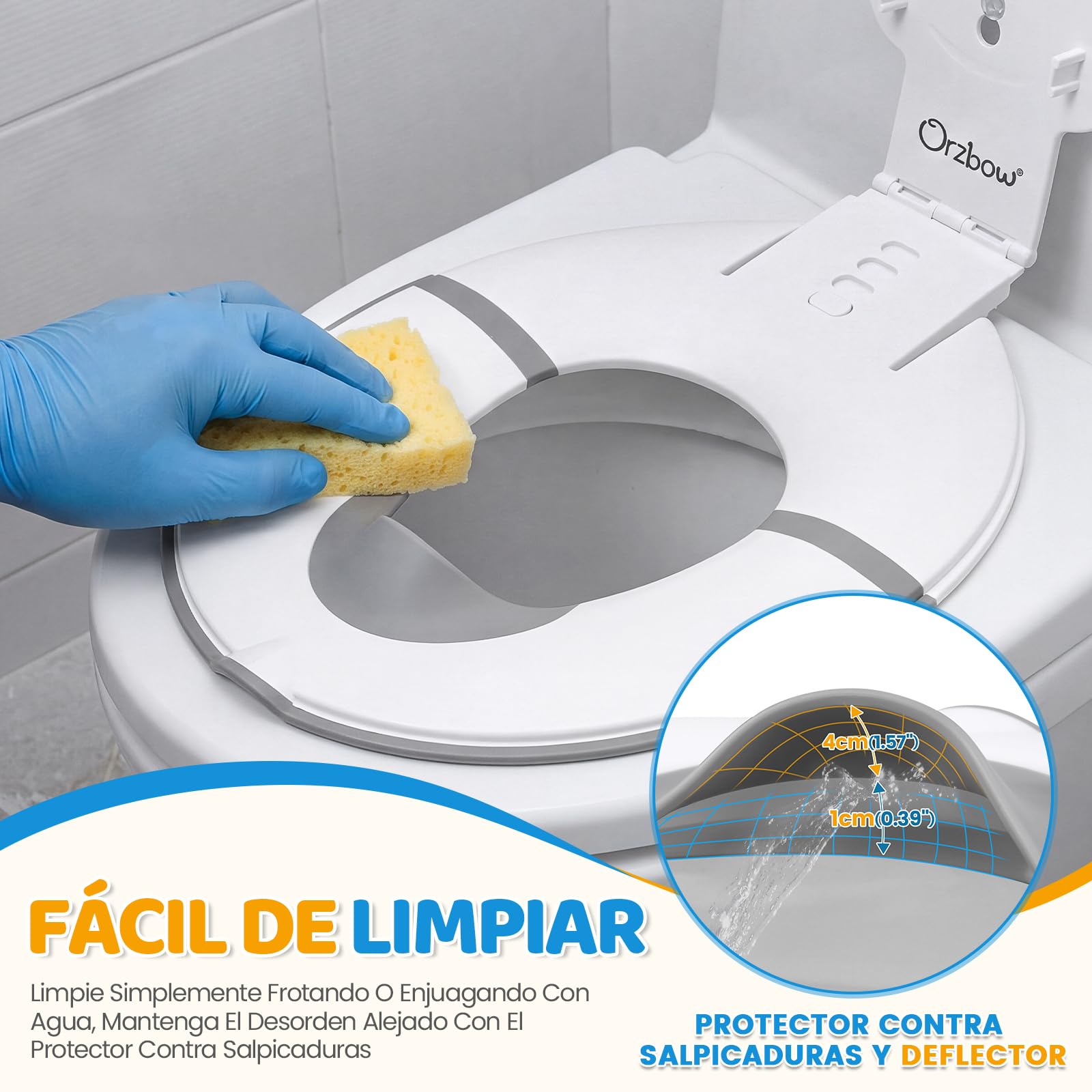 Orzbow Plegable Adaptador Wc Niños, Portatil Reductor Wc Niños con Barrera de Orina de Goma Blanda, Universal Adaptador Baño para Niños con Ventosa, Longitud Ajustable, Fácil de Instalar, Blanco