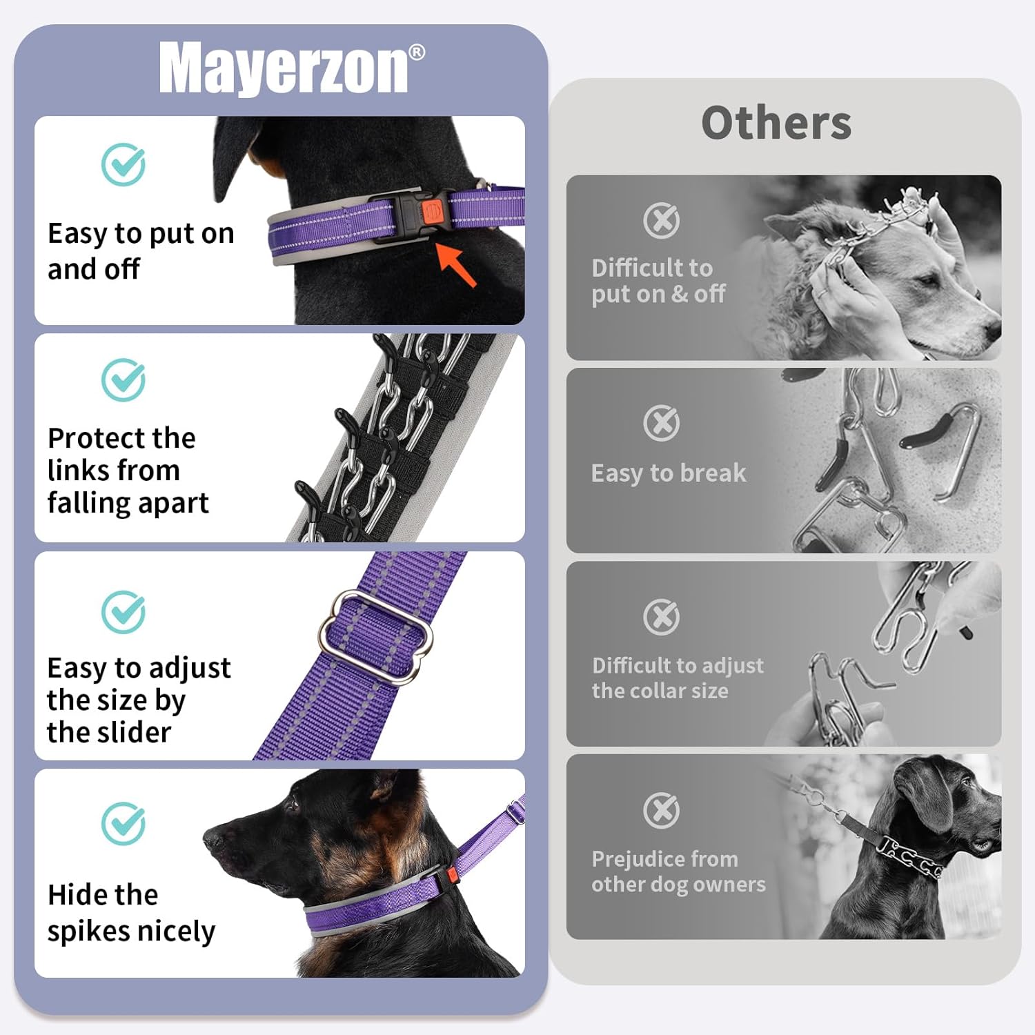 Mayerzon Martingale Dog Collar for Pulling, Patented No Pull Training Walking Collar with Buckle for Medium Large Dogs Bulldog Pitbull German Shepherd, Reflective, Adjustable, Heavy-Duty(M, Purple)