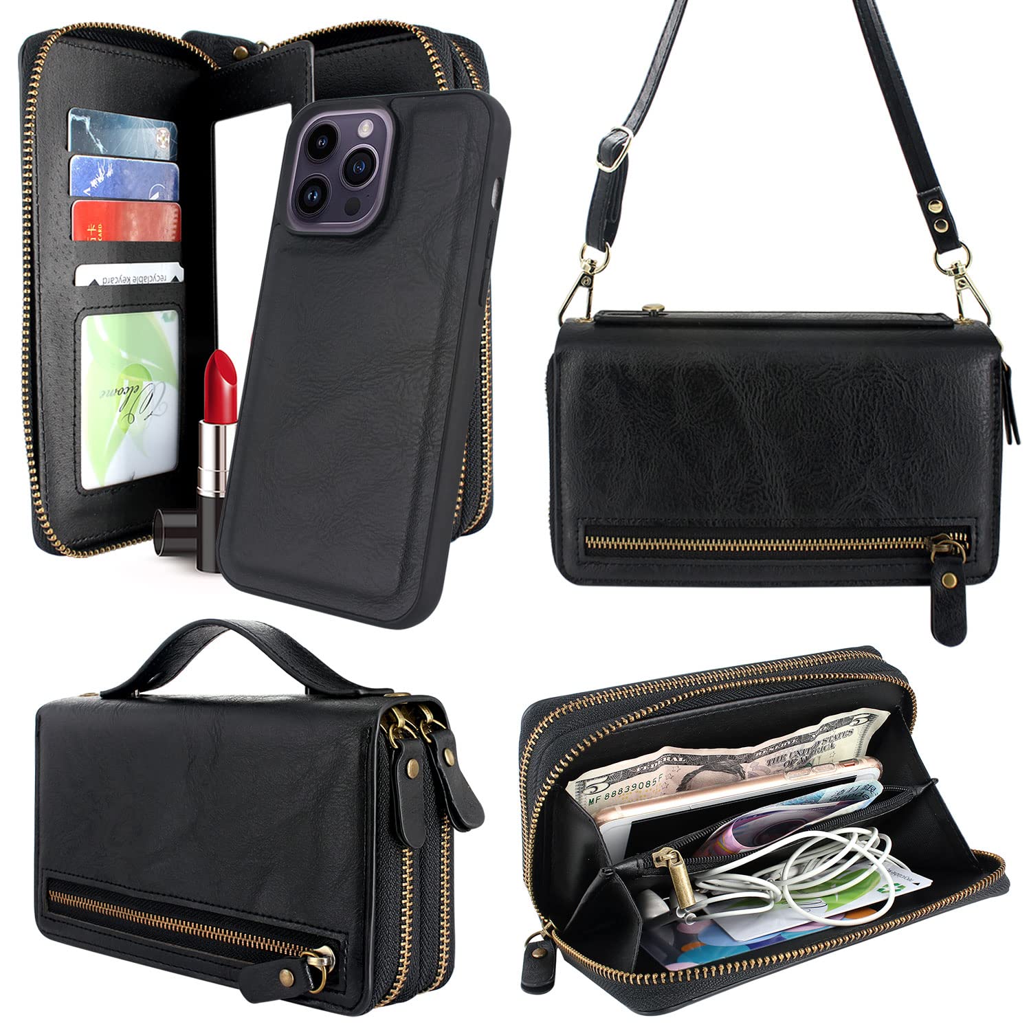 HarryshellCompatible with iPhone 14 Pro Max 6.7 inch 2022 Case Wallet Multi Zipper Detachable Magnetic Cover Purse Bag with Card Slots Mirror Crossbody Chain Wrist Strap (Black)