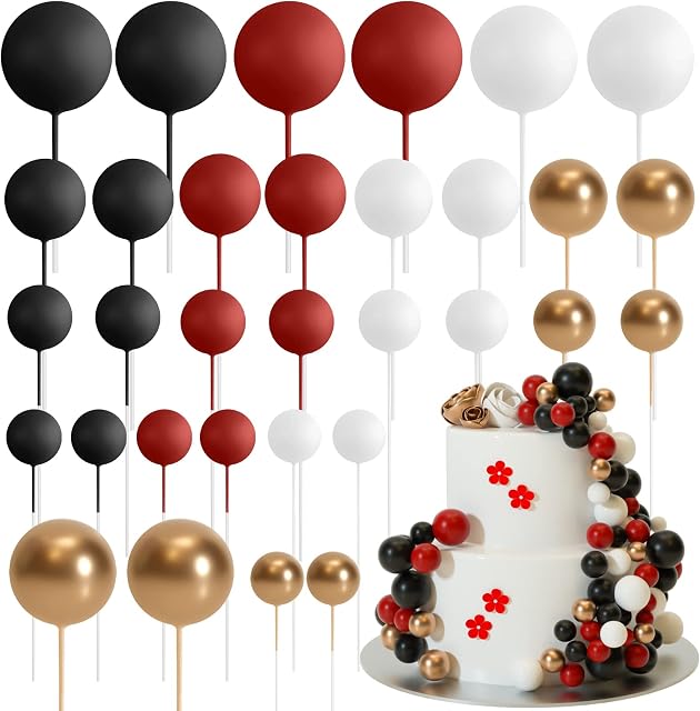 ASTARON 32 Pcs Ball Cake Topper Decorations Mini Balloons Cake Topper Sticks Foam Balls Cake Picks Cake Topper Balls Cake Decorations for Wedding Party Birthday Cake Decorating (Red Black)