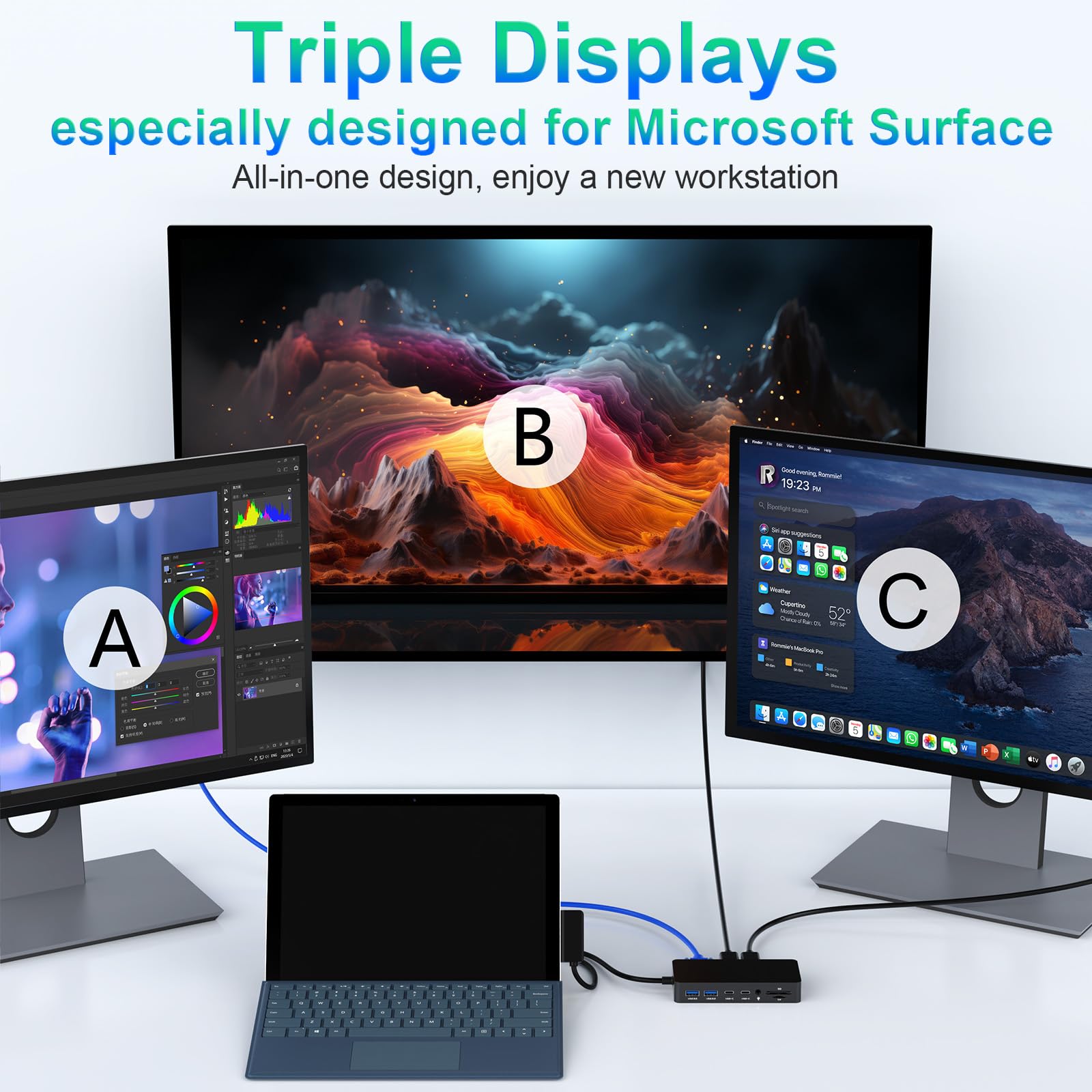 Microsoft Surface Docking Station Triple Displays with Power Supply, 12 in 1 Surface Dock with Dual 4K HDMI+VGA for Surface Pro 11/10/9/8/X/7/6/5/4/3, Surface Laptop 7/6/5/4/3/2/1, Laptop Go 3/2/1