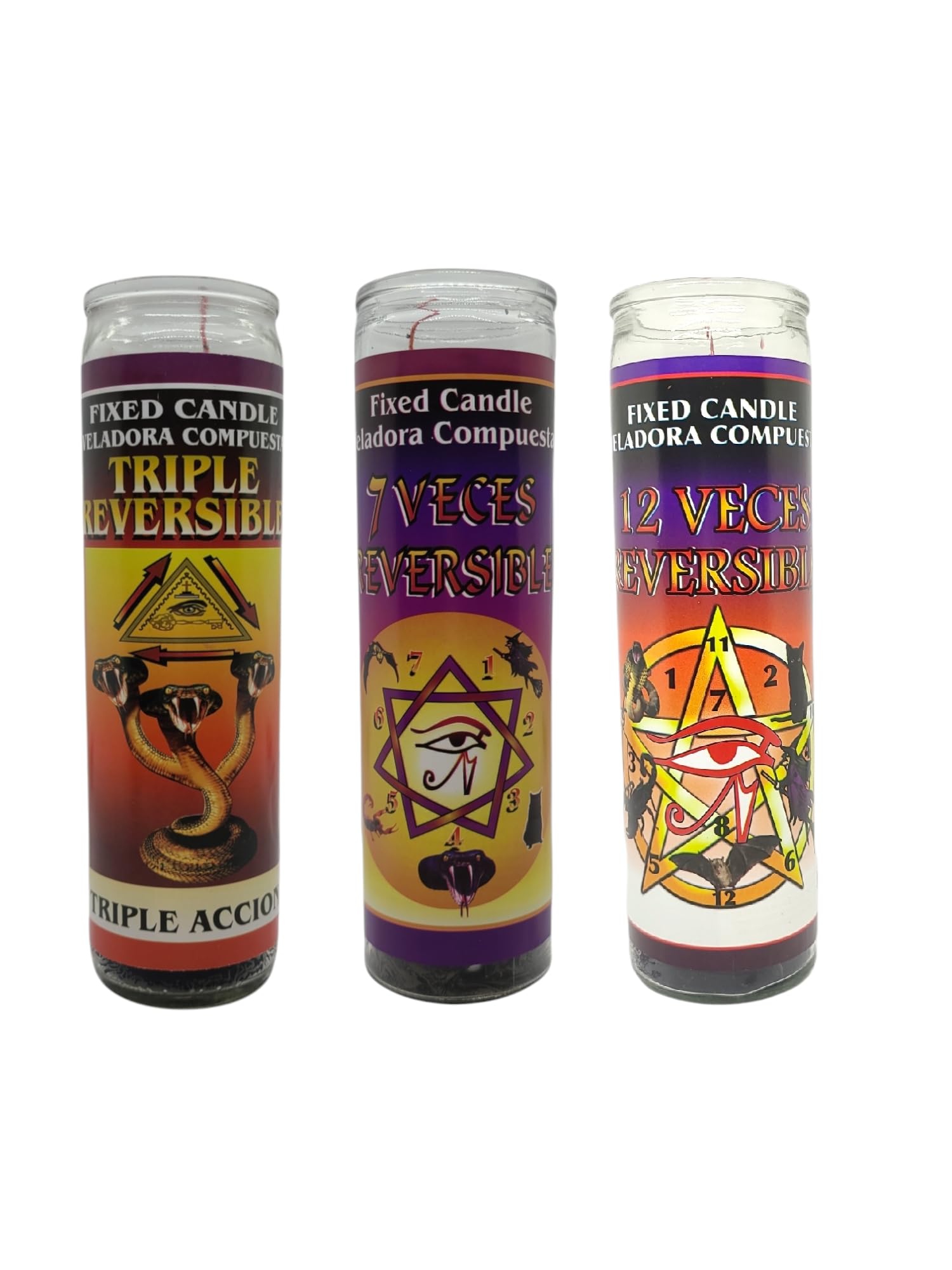 Fixed Candle Set, Triple Reversible, 7 Veces Reversible, 12 Veces Reversible, 3-Pack