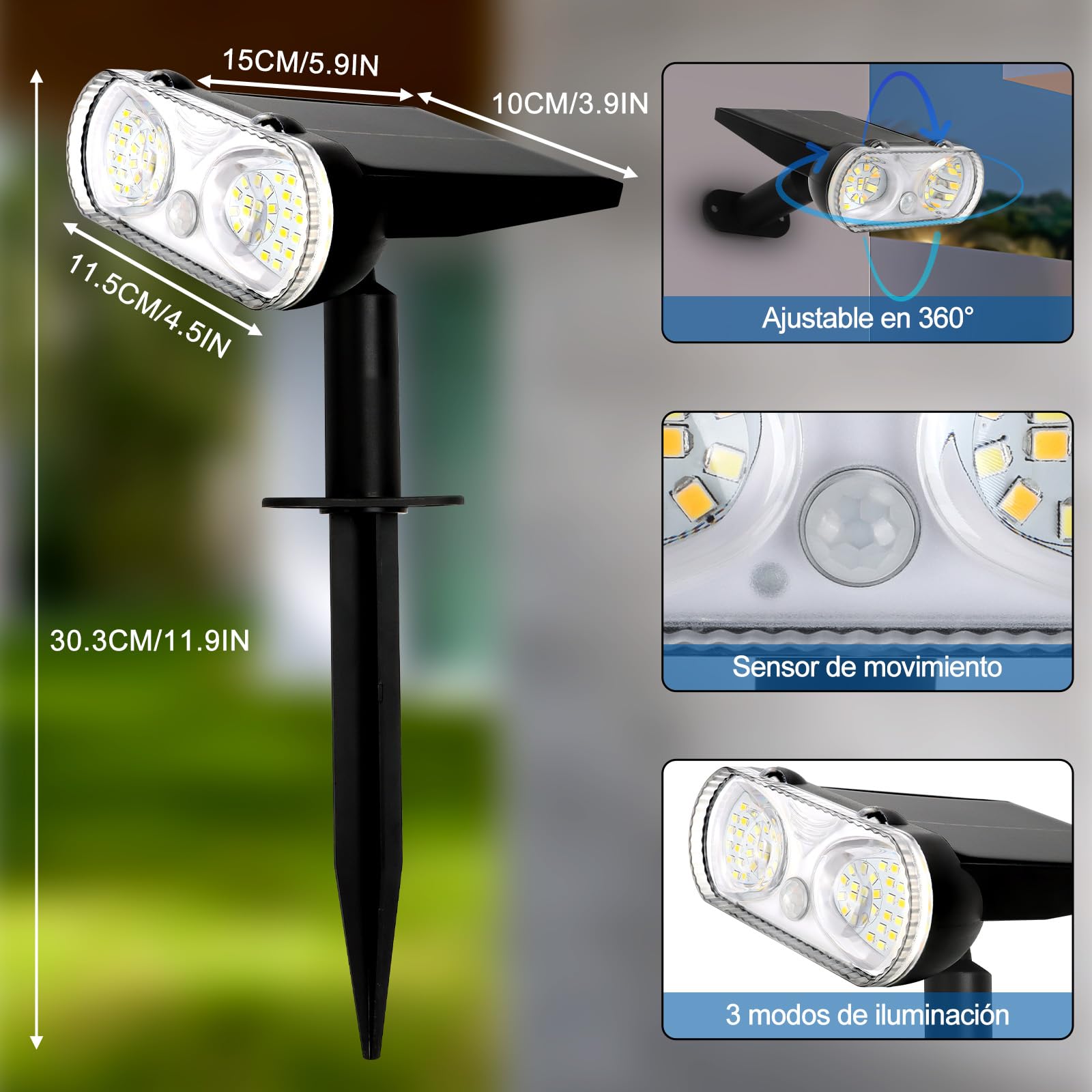 4 Piezas Luces Solares Led Jardi con Sensor de Movimiento, Foco Solar Exterior 3000K/4500K/6500K, 3 Modos, Impermeable IP67, Memoria para Iluminación de Caminos Terreza Patio (4 Piezas)
