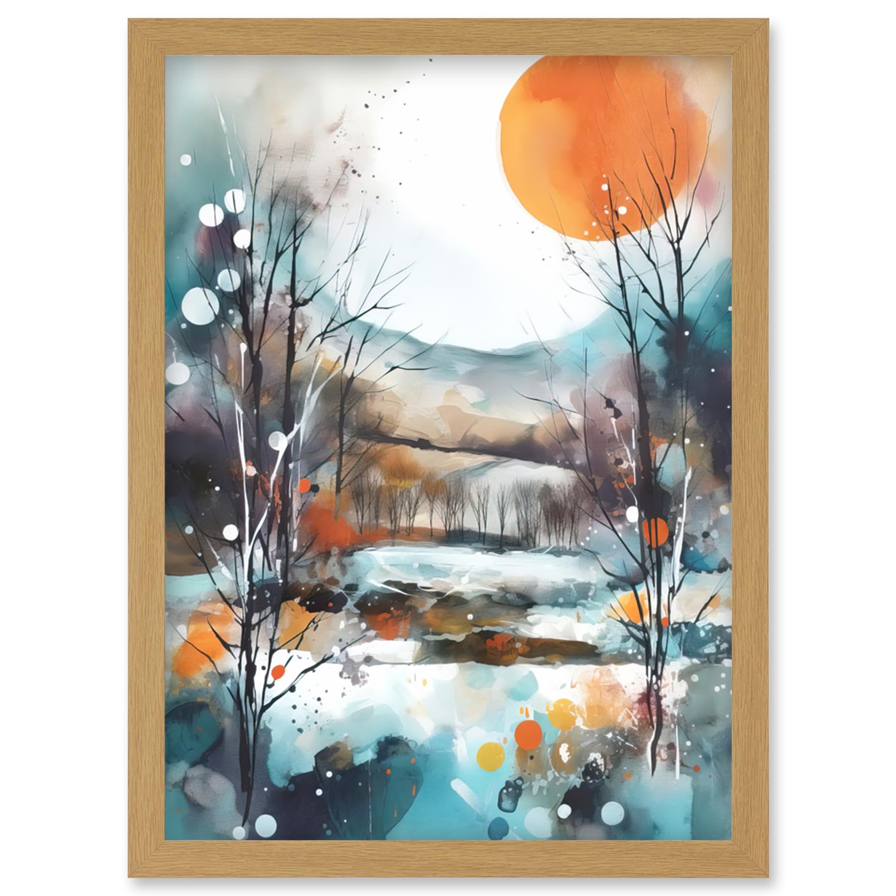 Artery8 Abstract Winter Landscape Watercolour Painting Boho Countryside Sunrise Snow Artwork Framed Wall Art Print A4