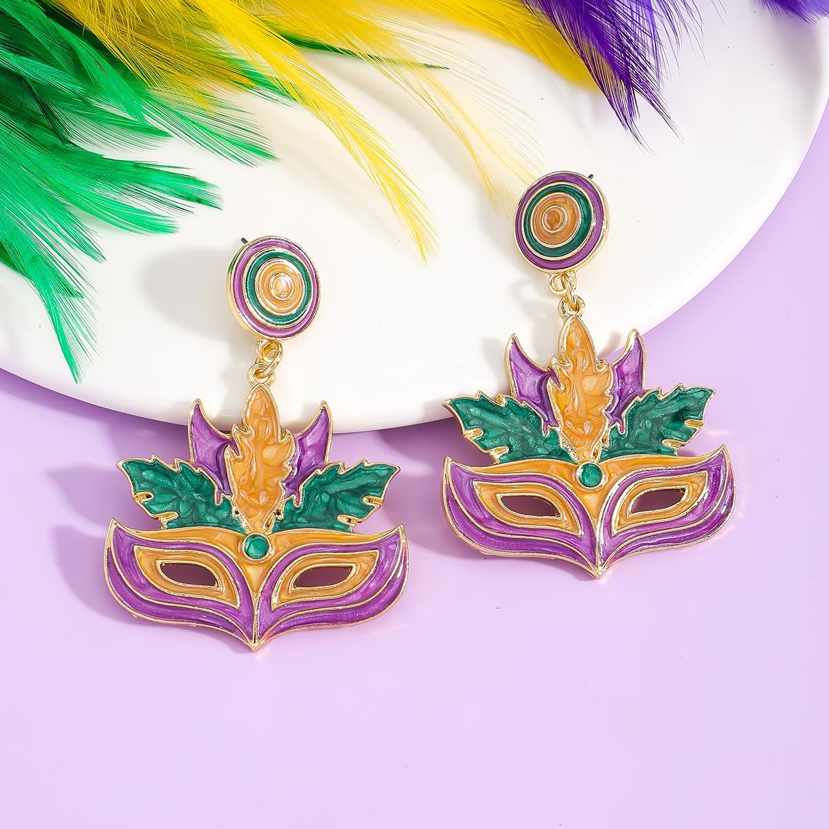Mardi Gras Mask Hat Earrings for Women, Enamel Carnival Festival Drop Dangle Earrings, Purple Green Gold Party Statement Jewelry Gift - Image 8
