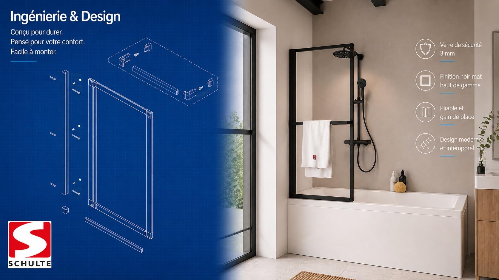 Schulte pare baignoire 70x140 sans percer noir réversible porte-serviettes | à coller rabattable à 180° verre trempé 3 mm