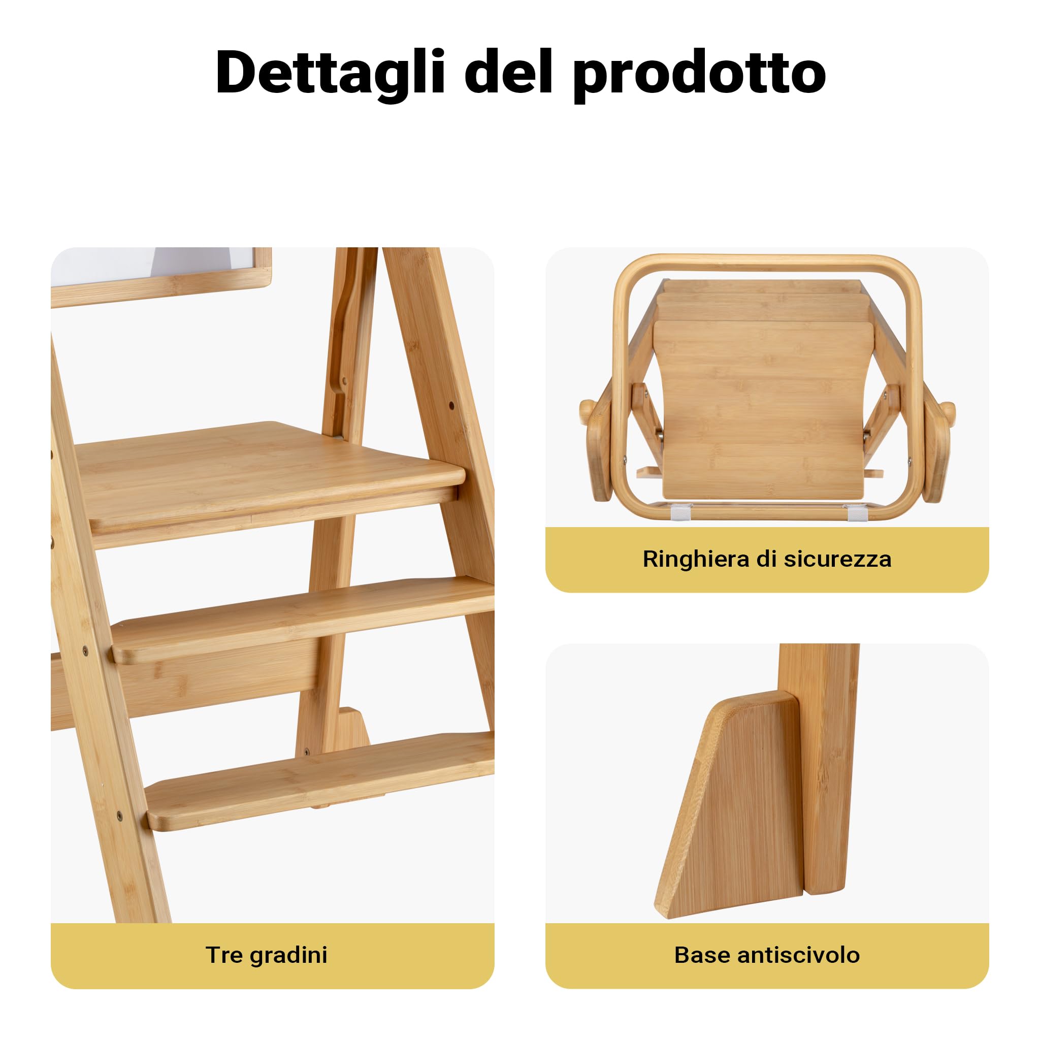 Wiltec Torre di apprendimento pieghevole per bambini 43 x 48 x 91 cm in bambù, torre montessoriana regolabile in altezza per bambini, sgabello per bambini con barra di protezione