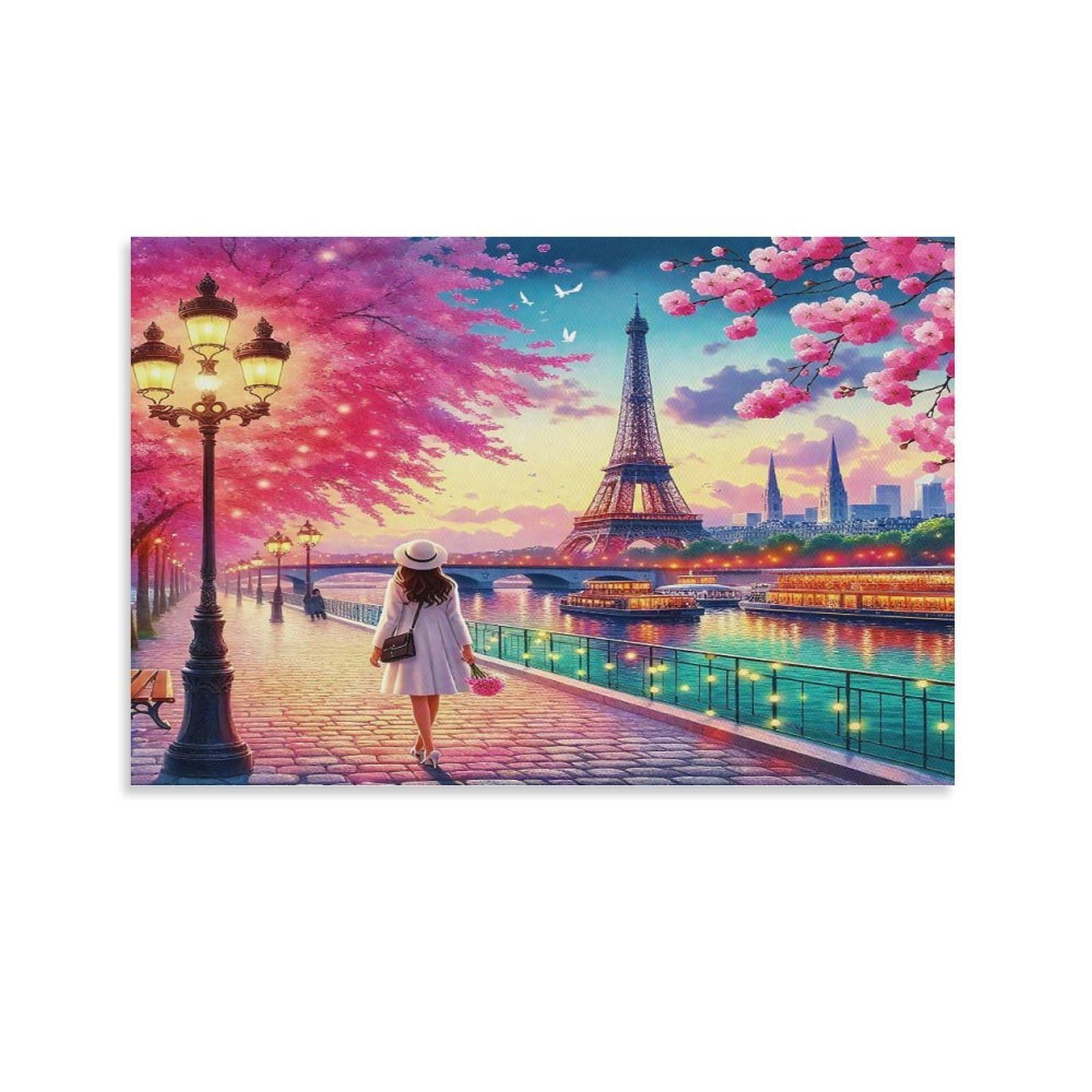 Spring Path with Bicycle And Blossoms Single Paris Lady Viewing Eiffel Tower Sunset Canvas Artwork - Nursery Canvas Wall Hanging Space Saving Ready to Hang Decor 24x36inch(60x90cm)