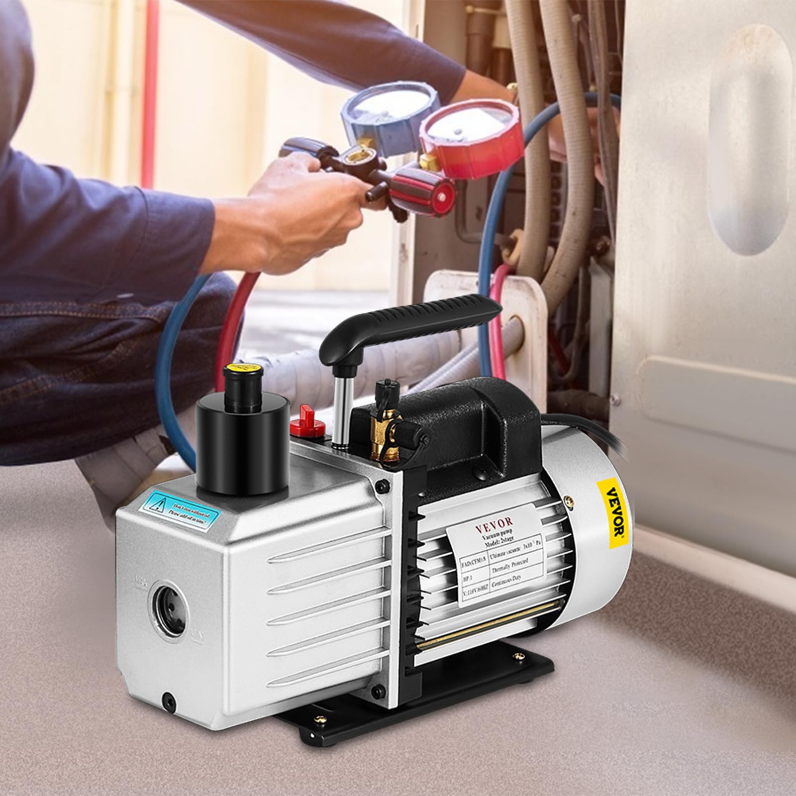 VEVOR Vakuumpumpe 8 CFM 3/4 HP Zweistufige Klimaanlagen-Vakuumpumpe 220V 0,3 PA Ultimatives Vakuum Kältemittel HVAC Werkzeug für Automobile Reparatur Vakuum Evakuierung